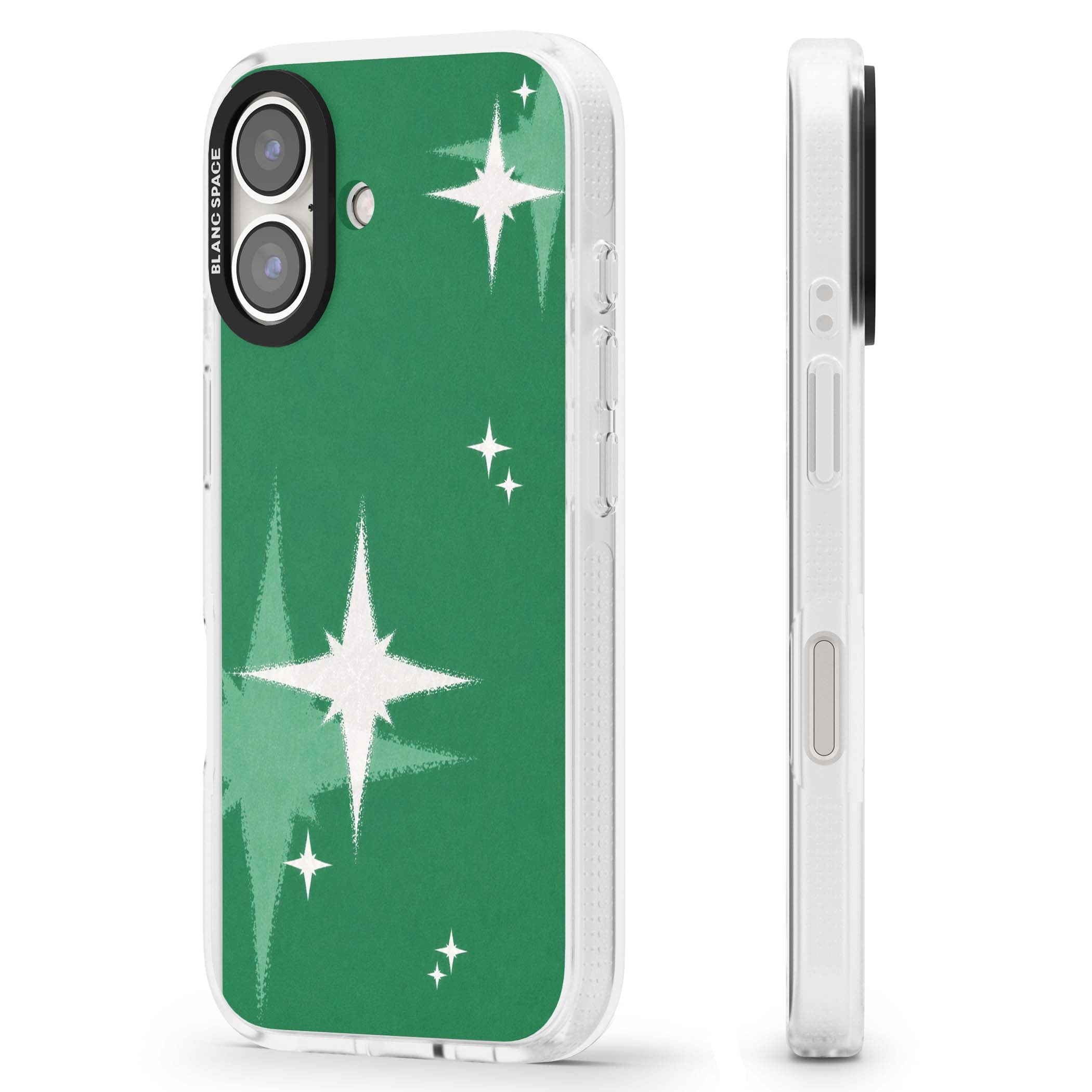 Green Sparkle celestial iPhone case featuring sparkling white four-point stars on a deep green background | Clear Case Impact Air case for iPhone 16, iPhone 16 Plus