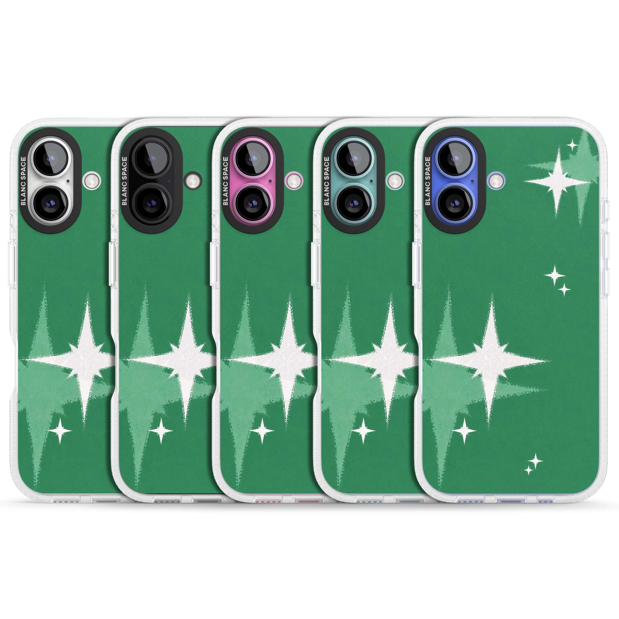 Green Sparkle celestial iPhone case featuring sparkling white four-point stars on a deep green background | Clear Case Impact Air case for iPhone 16, iPhone 16 Plus
