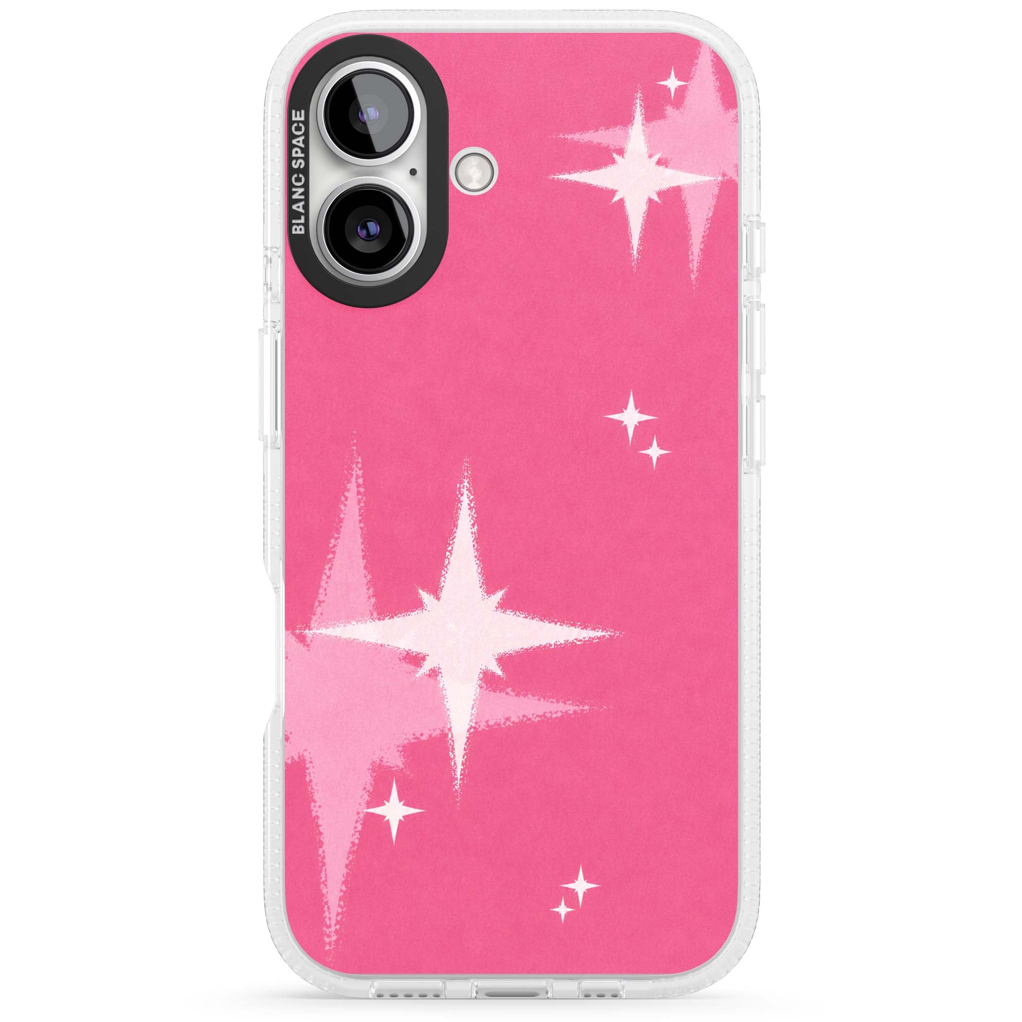 Pink Sparkle Y2K iPhone case featuring hot pink background with shimmering white starburst pattern | Clear Case Impact Air case for iPhone 16, iPhone 16 Plus