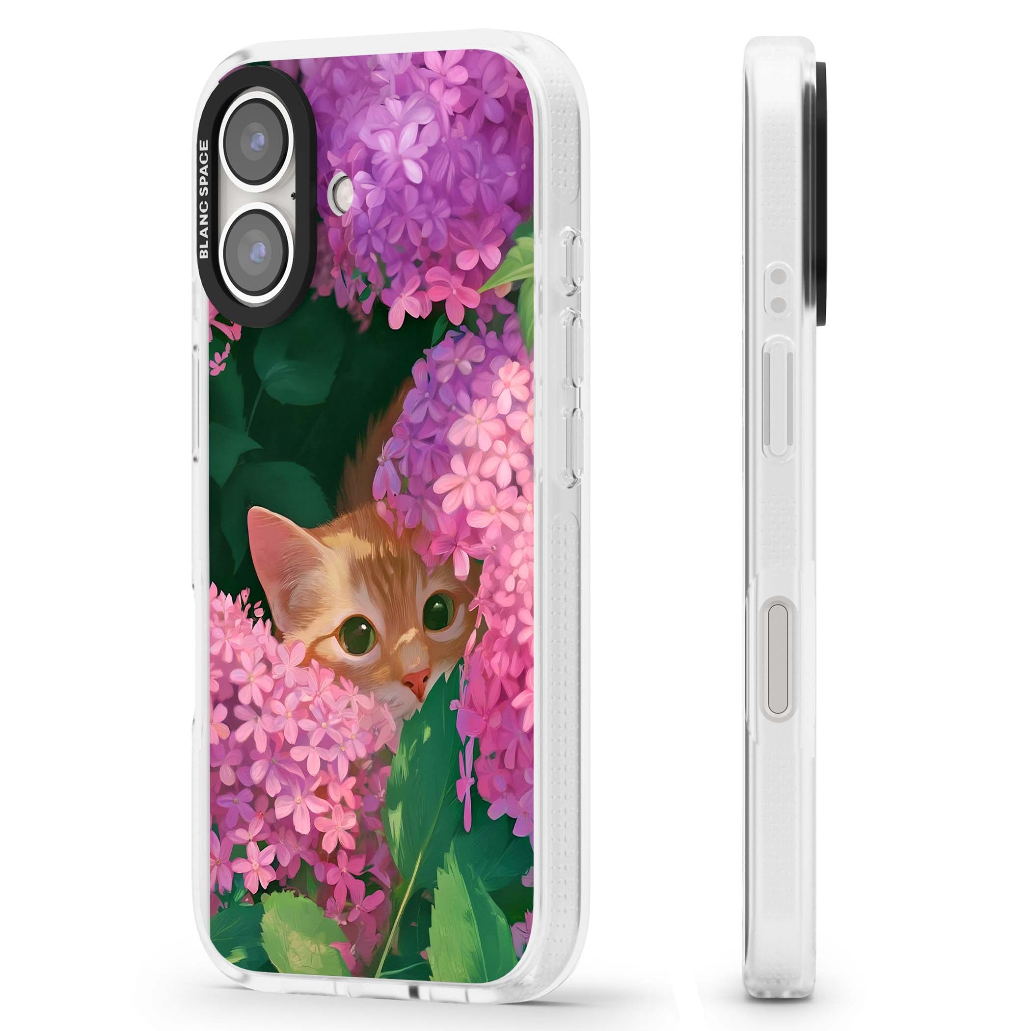 Cat In Pink Flowers cottagecore iPhone case featuring a ginger kitten peeking through lilac and pink hydrangea flo | Clear Case Impact Air case for iPhone 16, iPhone 16 Plus