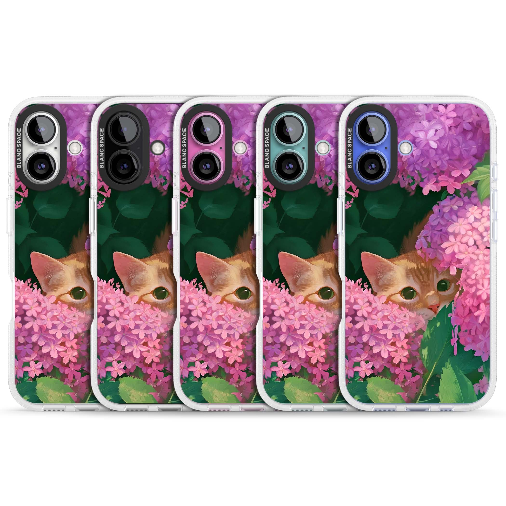 Cat In Pink Flowers cottagecore iPhone case featuring a ginger kitten peeking through lilac and pink hydrangea flo | Clear Case Impact Air case for iPhone 16, iPhone 16 Plus