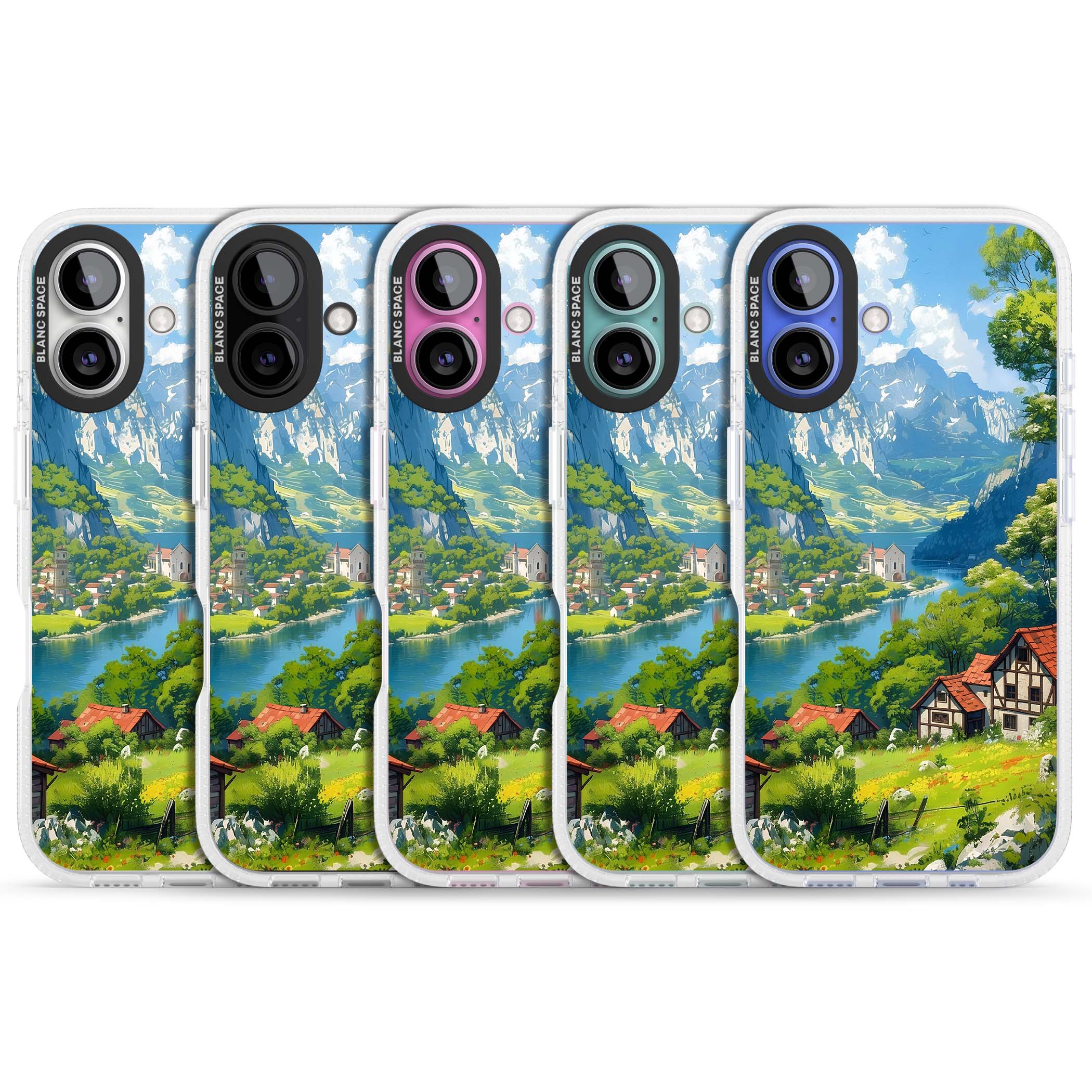 Village In The Valley anime iPhone case featuring a painted mountain village, river valley and half-timbered cottages. | Clear Case Impact Air case for iPhone 16, iPhone 16 Plus