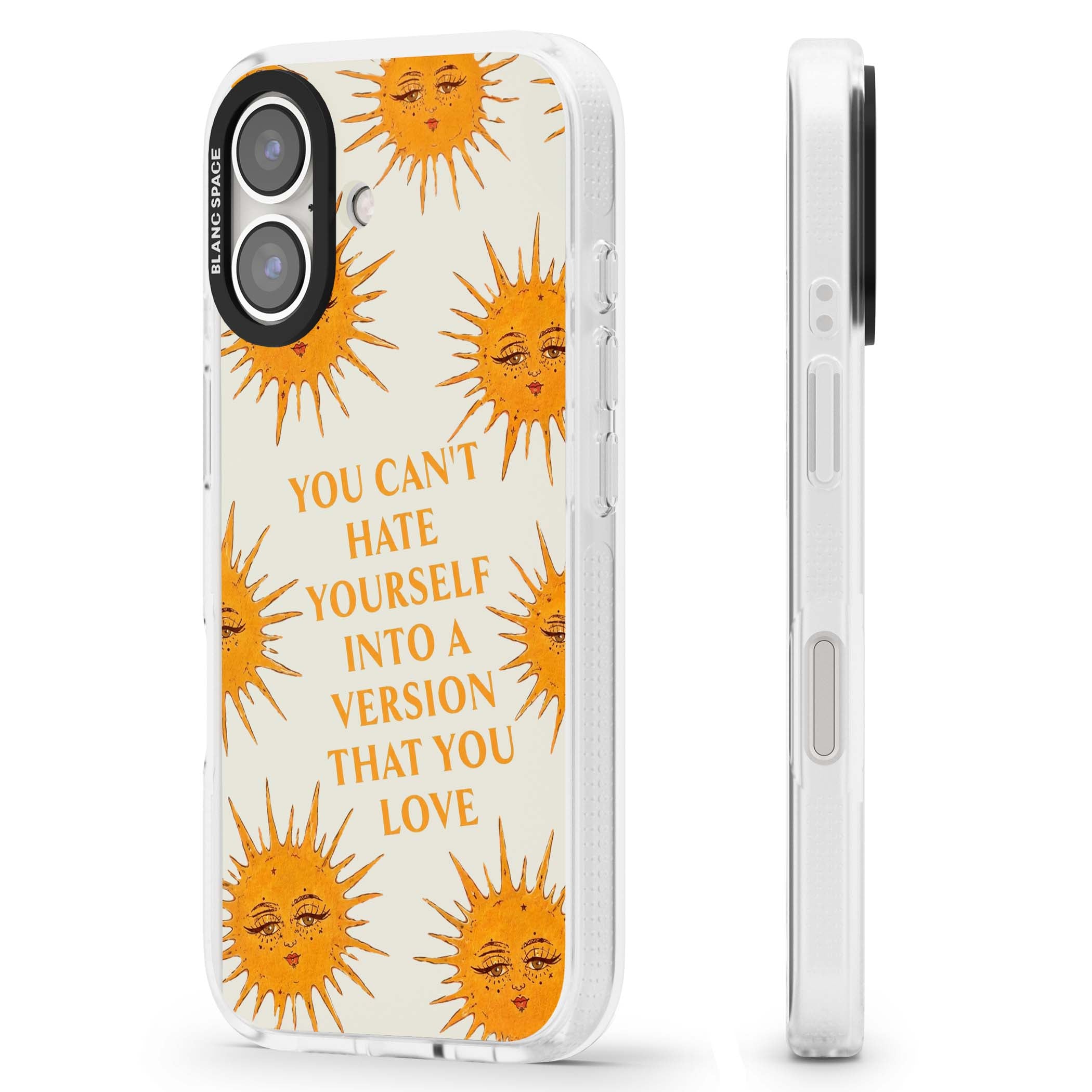 Don't Hate Yourself celestial iPhone case featuring vintage sun faces, ochre rays and a self-love quote | Clear Case Impact Air case for iPhone 16, iPhone 16 Plus