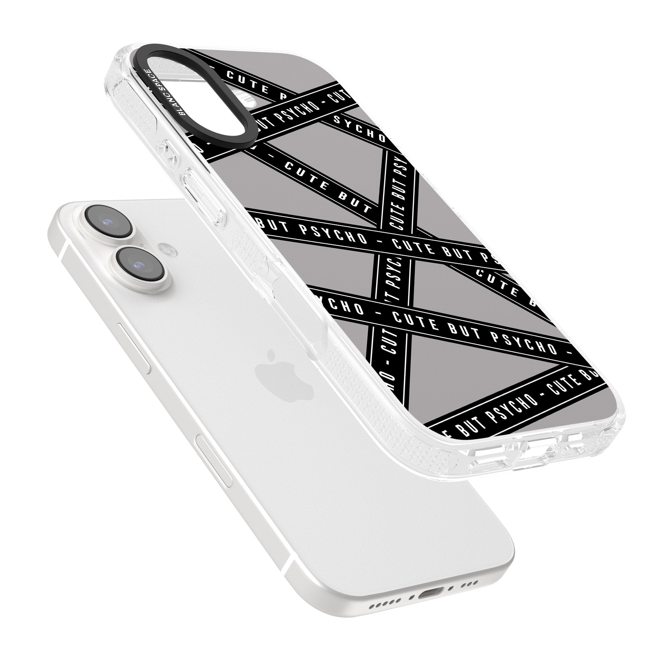 Caution Tape Phrases Cute But Psycho iPhone 16 / 16 Plus Clear Case Impact Air - Blanc Space