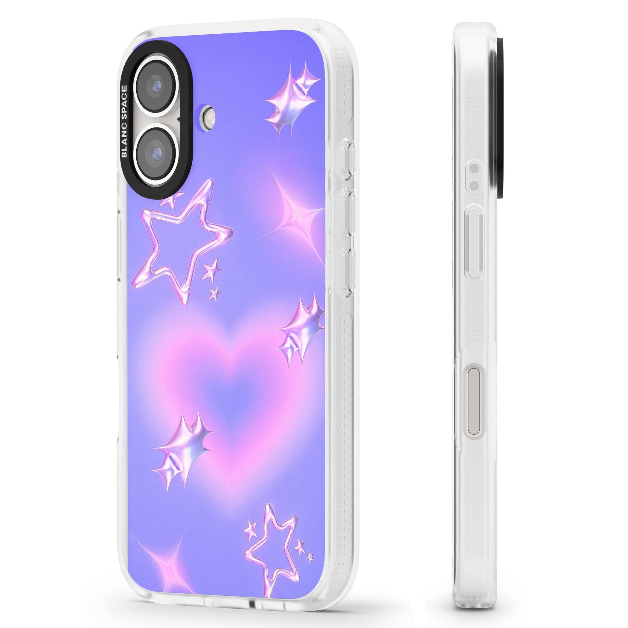Soft Sugar Y2K iPhone case featuring iridescent chrome hearts, metallic pink stars and a lavender gradient sky | Clear Case Impact Air case for iPhone 16, iPhone 16 Plus