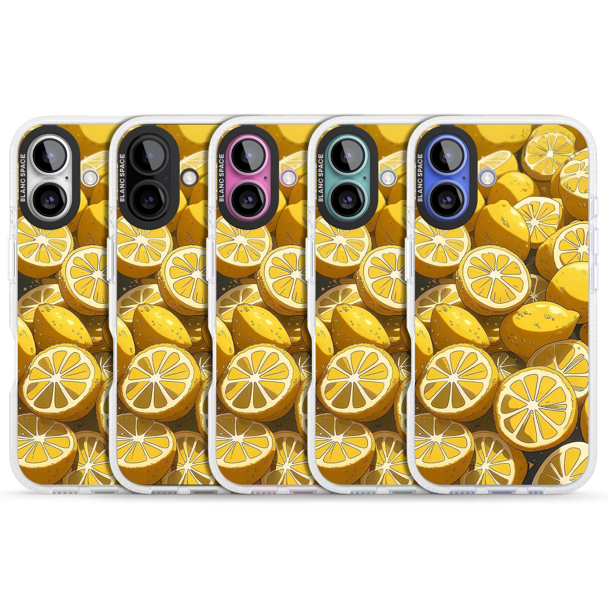 Zesty coastal iPhone case featuring illustrated Mediterranean lemons and citrus slices in golden yellow | Clear Case Impact Air case for iPhone 16, iPhone 16 Plus