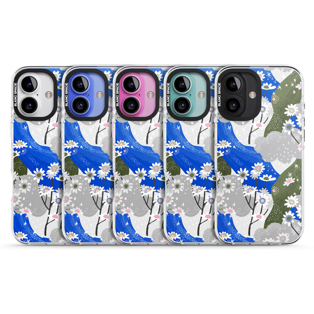 iPhone 16 Pro Max Blue & Grey Daisies Pattern Black Impact Phone Case