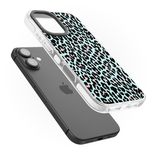 iPhone 16 Pro Max Light Pink on Blue Leopard Print Pattern Black Impact Phone Case