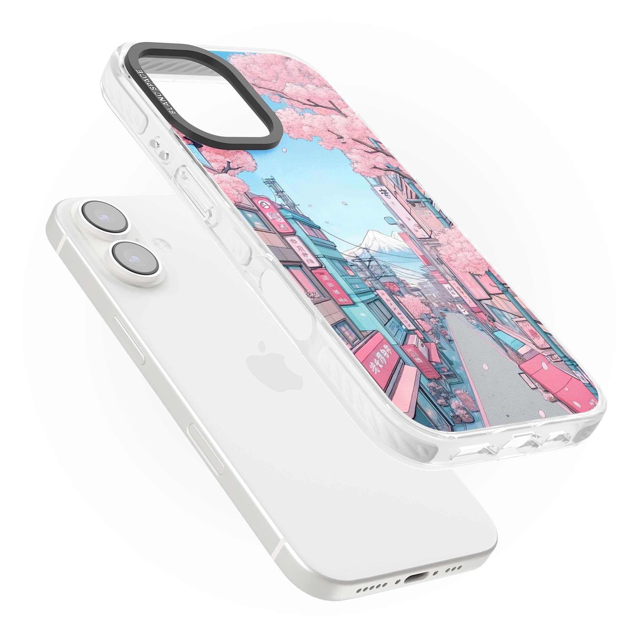 Sakura Lane anime iPhone case featuring Tokyo street scene with cherry blossoms and Mount Fuji | Clear Impact case for iPhone 16, iPhone 16 Plus