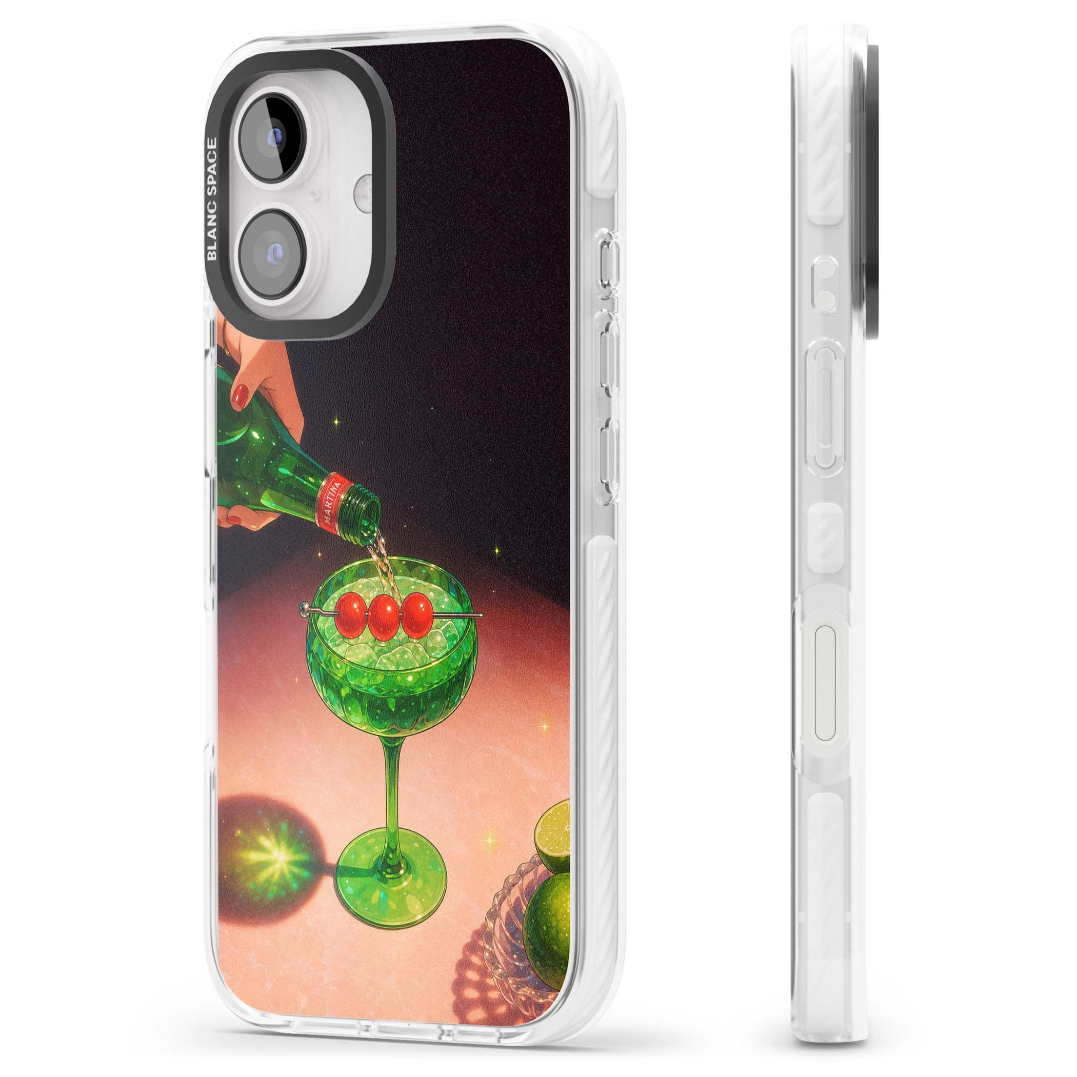 Absinthe Hour cocktail iPhone case featuring a green coupe glass, cherry garnish and vintage bottle pour illustration | Clear Impact case for iPhone 16, iPhone 16 Plus
