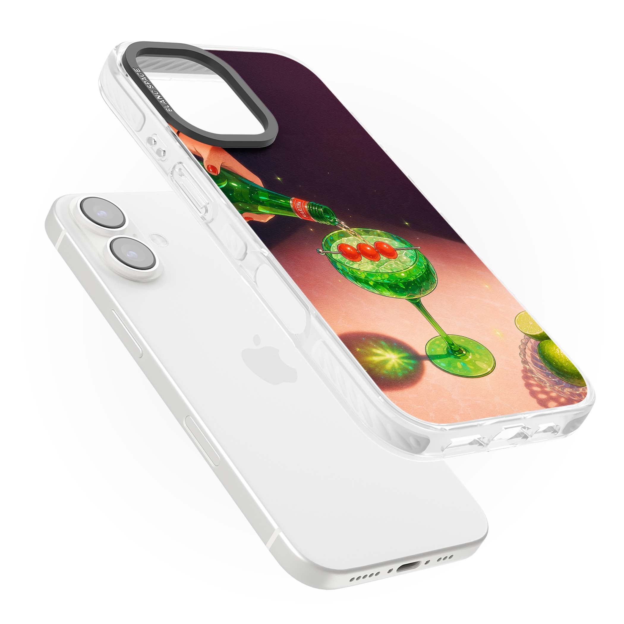 Absinthe Hour cocktail iPhone case featuring a green coupe glass, cherry garnish and vintage bottle pour illustration | Clear Impact case for iPhone 16, iPhone 16 Plus