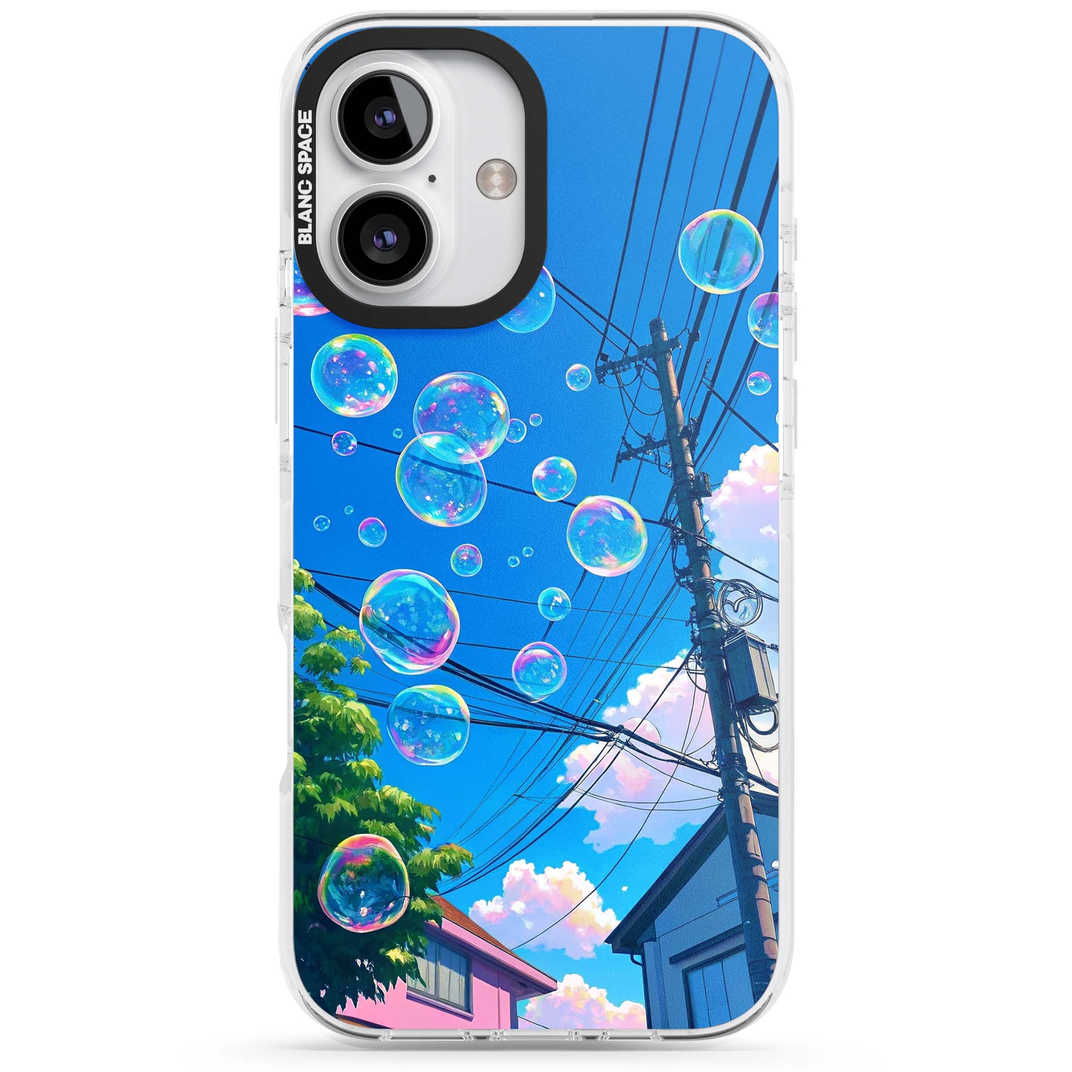 Suburban Bubbles anime iPhone case featuring iridescent soap bubbles, blue sky and Japanese telephone wires | Clear Impact case for iPhone 16, iPhone 16 Plus