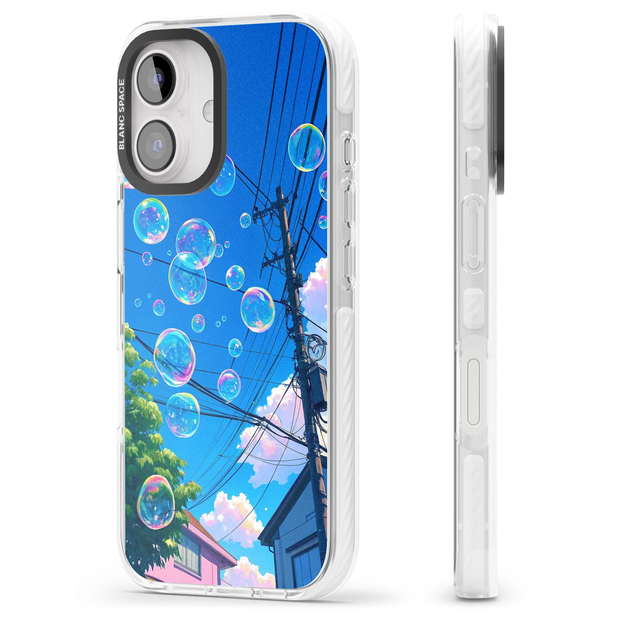 Suburban Bubbles anime iPhone case featuring iridescent soap bubbles, blue sky and Japanese telephone wires | Clear Impact case for iPhone 16, iPhone 16 Plus