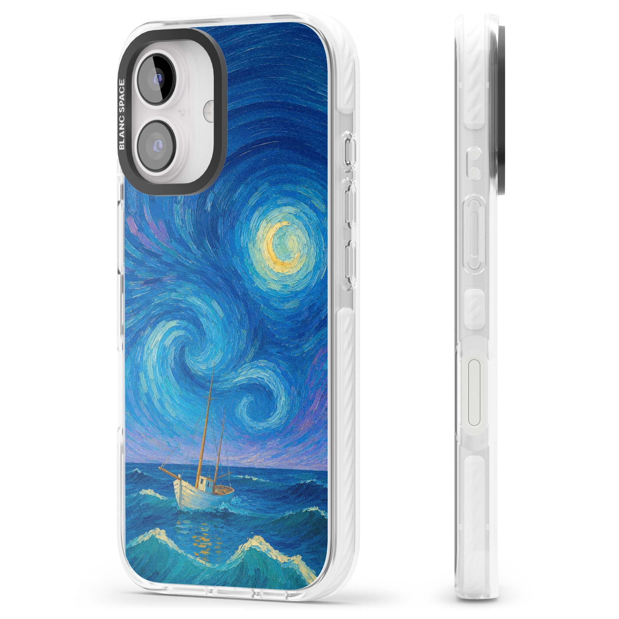 Moonlit Tide Van Gogh art iPhone case featuring swirling starry night sky, glowing moon and lone sailing boat at sea | Clear Impact case for iPhone 16, iPhone 16 Plus