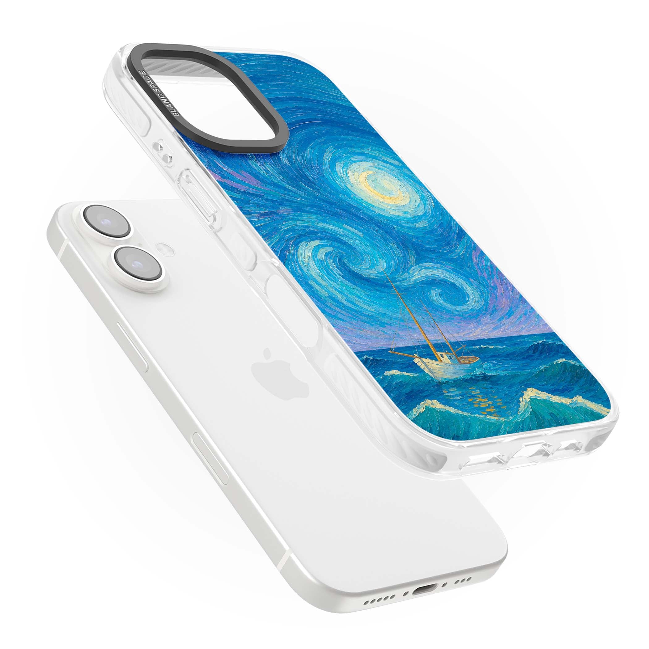 Moonlit Tide Van Gogh art iPhone case featuring swirling starry night sky, glowing moon and lone sailing boat at sea | Clear Impact case for iPhone 16, iPhone 16 Plus