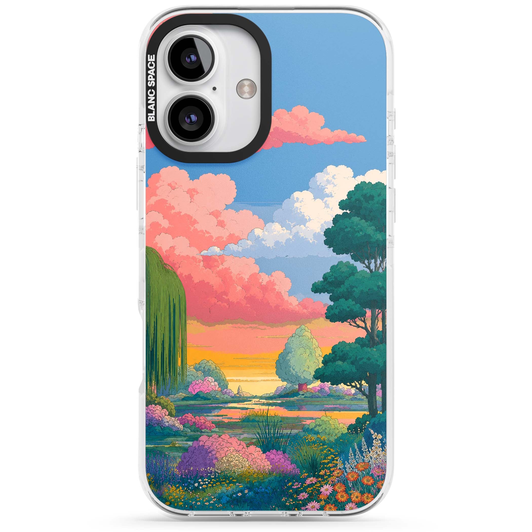 Dream Valley anime landscape iPhone case featuring pink sunset clouds, willow trees and wildflowers | Clear Impact case for iPhone 16, iPhone 16 Plus