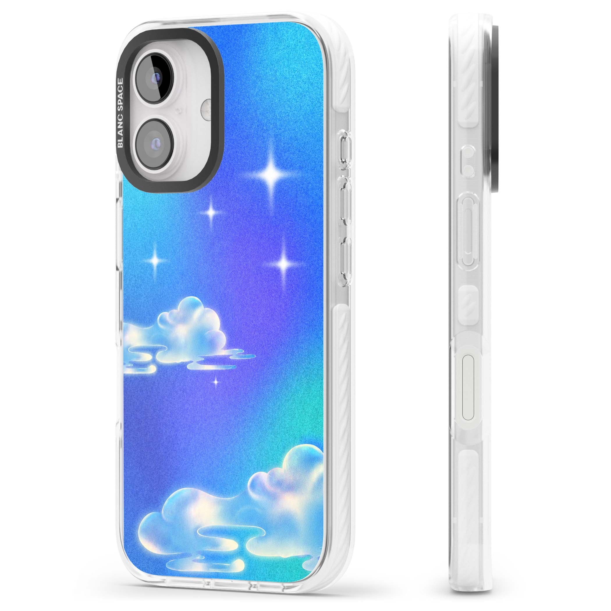 Aurora celestial iPhone case featuring dreamy iridescent clouds, sparkling stars and pastel blue purple sky | Clear Impact case for iPhone 16, iPhone 16 Plus
