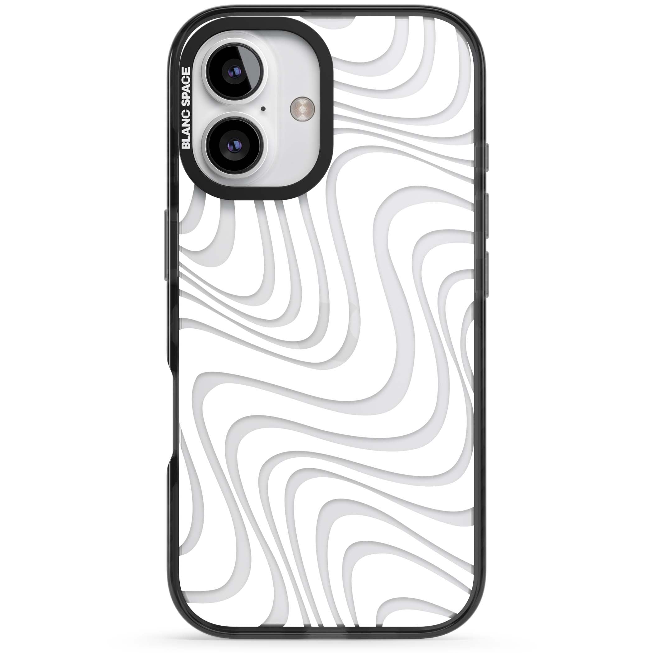 White Abstract Waves abstract iPhone case featuring flowing grey wave pattern on clear background | Black Impact case for iPhone 16, iPhone 16 Plus