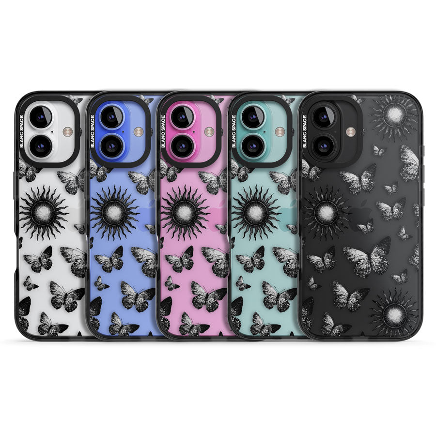 Butterflies & Suns Black Impact Phone Case for iPhone 16, iPhone 16 Plus