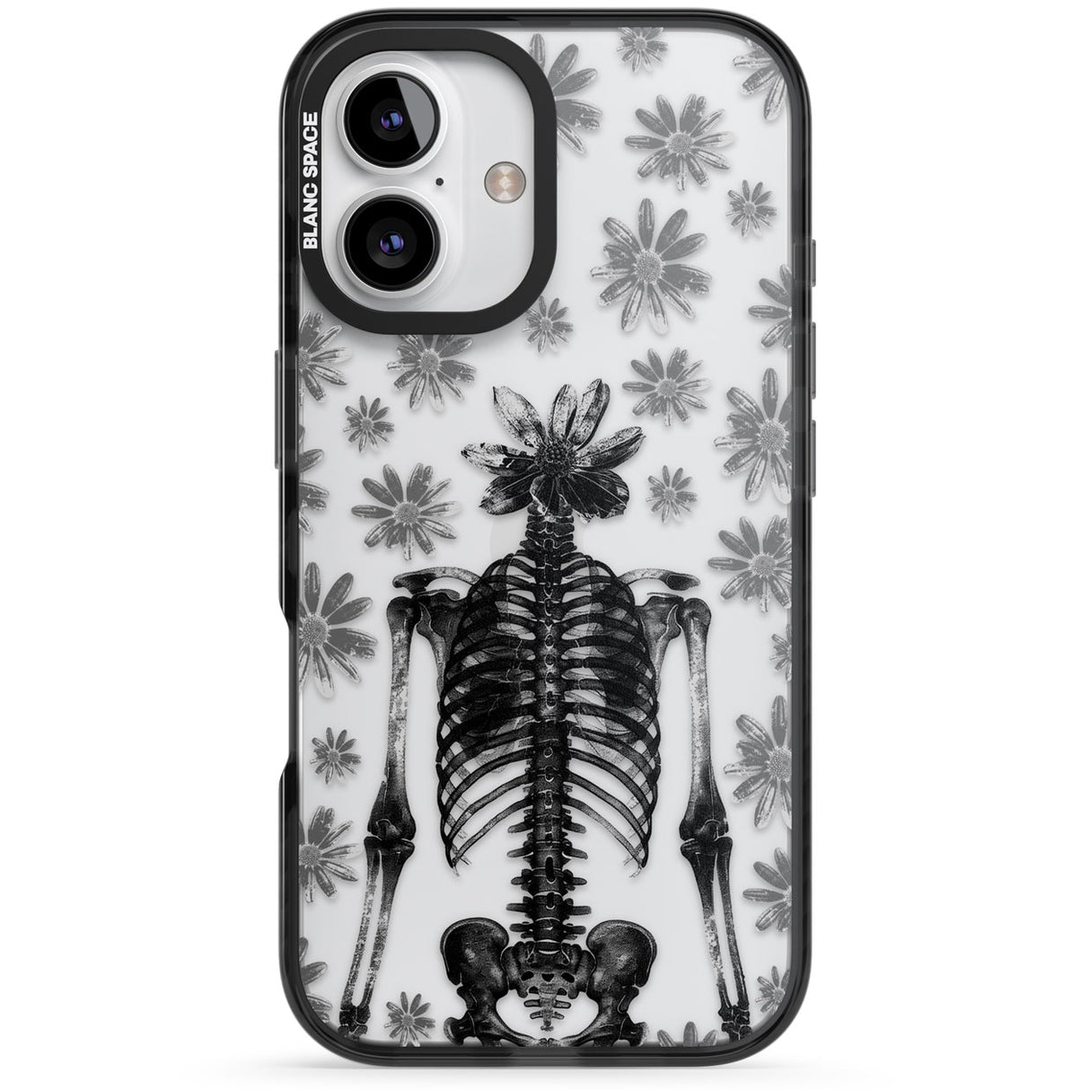 Skeleton Flower Black Impact Phone Case for iPhone 16, iPhone 16 Plus