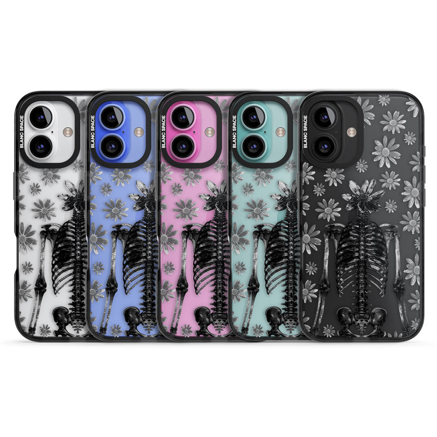 Skeleton Flower Black Impact Phone Case for iPhone 16, iPhone 16 Plus