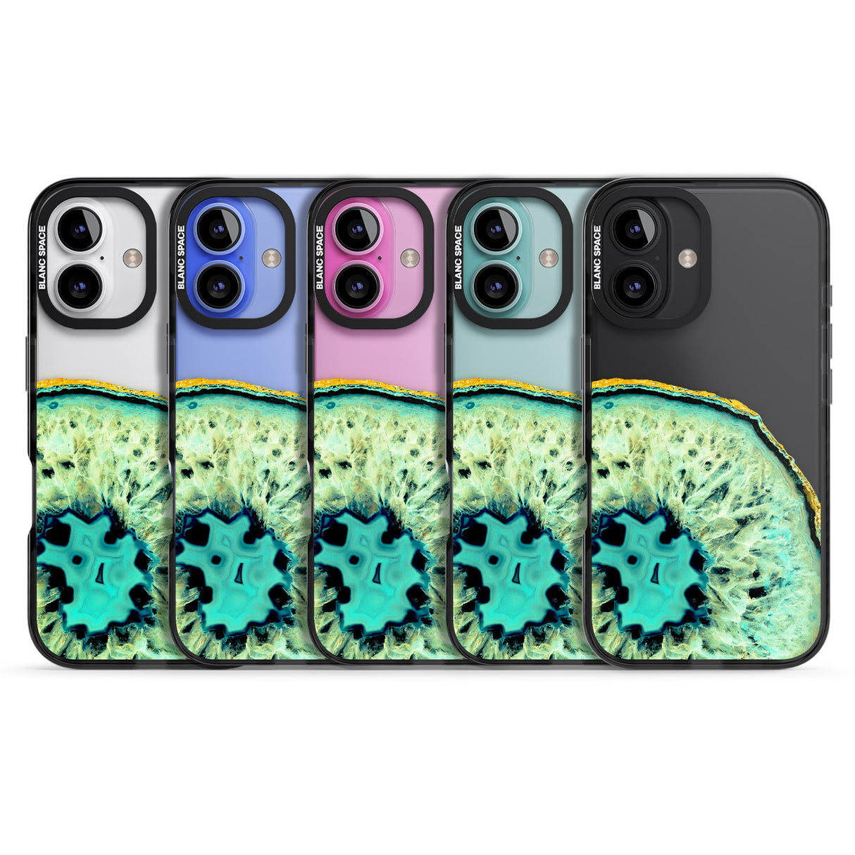 iPhone 16 Pro Max Turquoise & Green Gemstone Crystal Clear Design Black Impact Phone Case