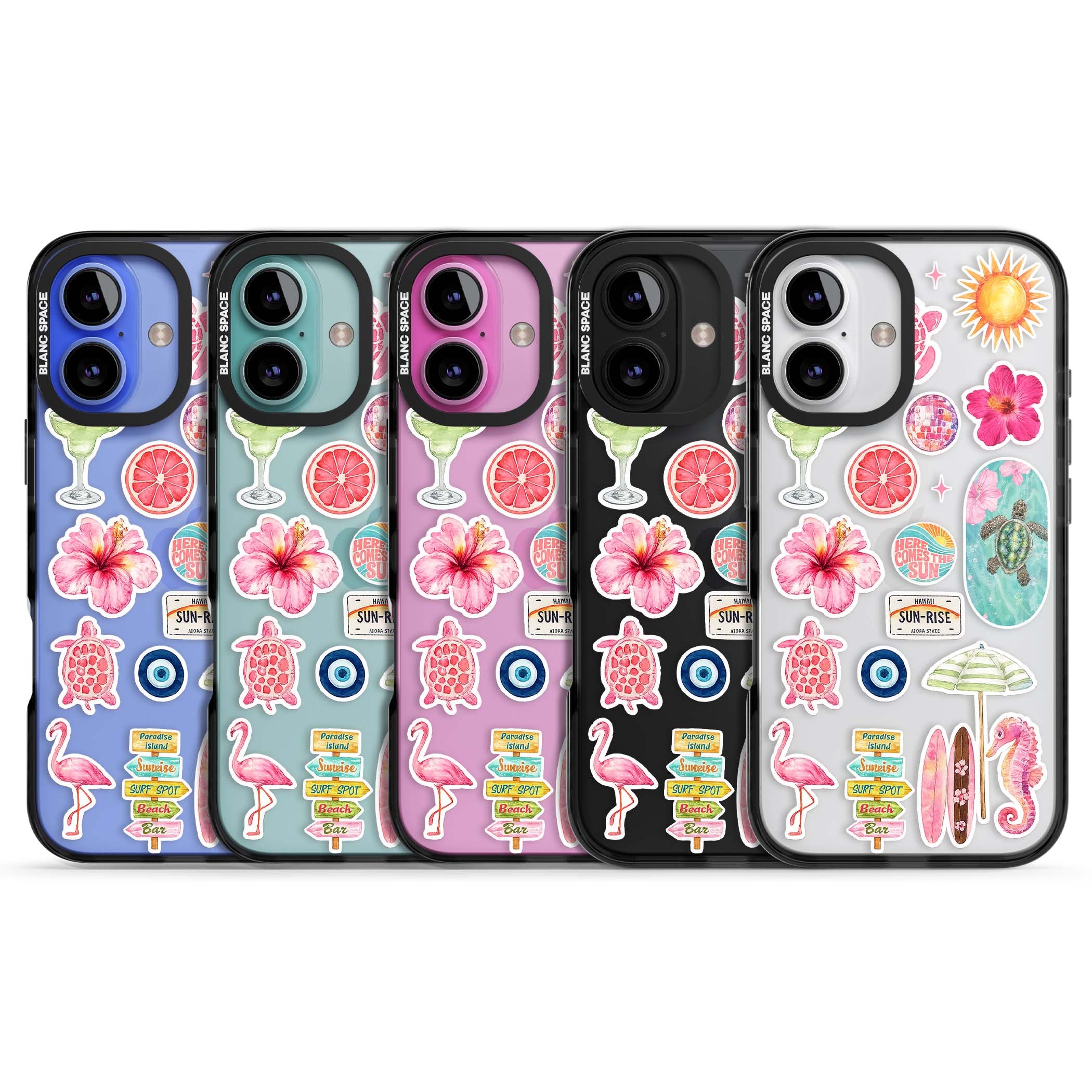Aloha Sticker Mix tropical summer iPhone case featuring pink hibiscus, sea turtles, flamingo and beach umbrella stickers | Black Impact case for iPhone 16, iPhone 16 Plus