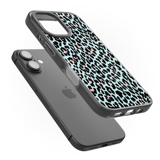 iPhone 16 Pro Max Light Pink on Blue Leopard Print Pattern Black Impact Phone Case