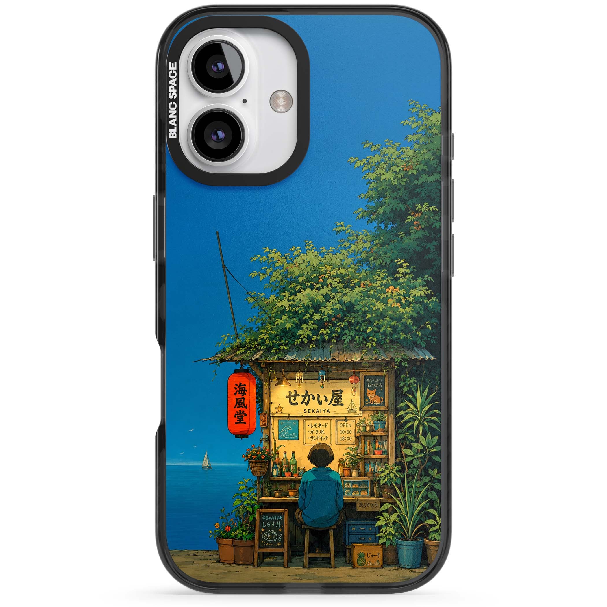 The Shirahama Kiosk anime iPhone case featuring a Japanese seaside shop, red paper lantern and ocean view | Black Impact case for iPhone 16, iPhone 16 Plus
