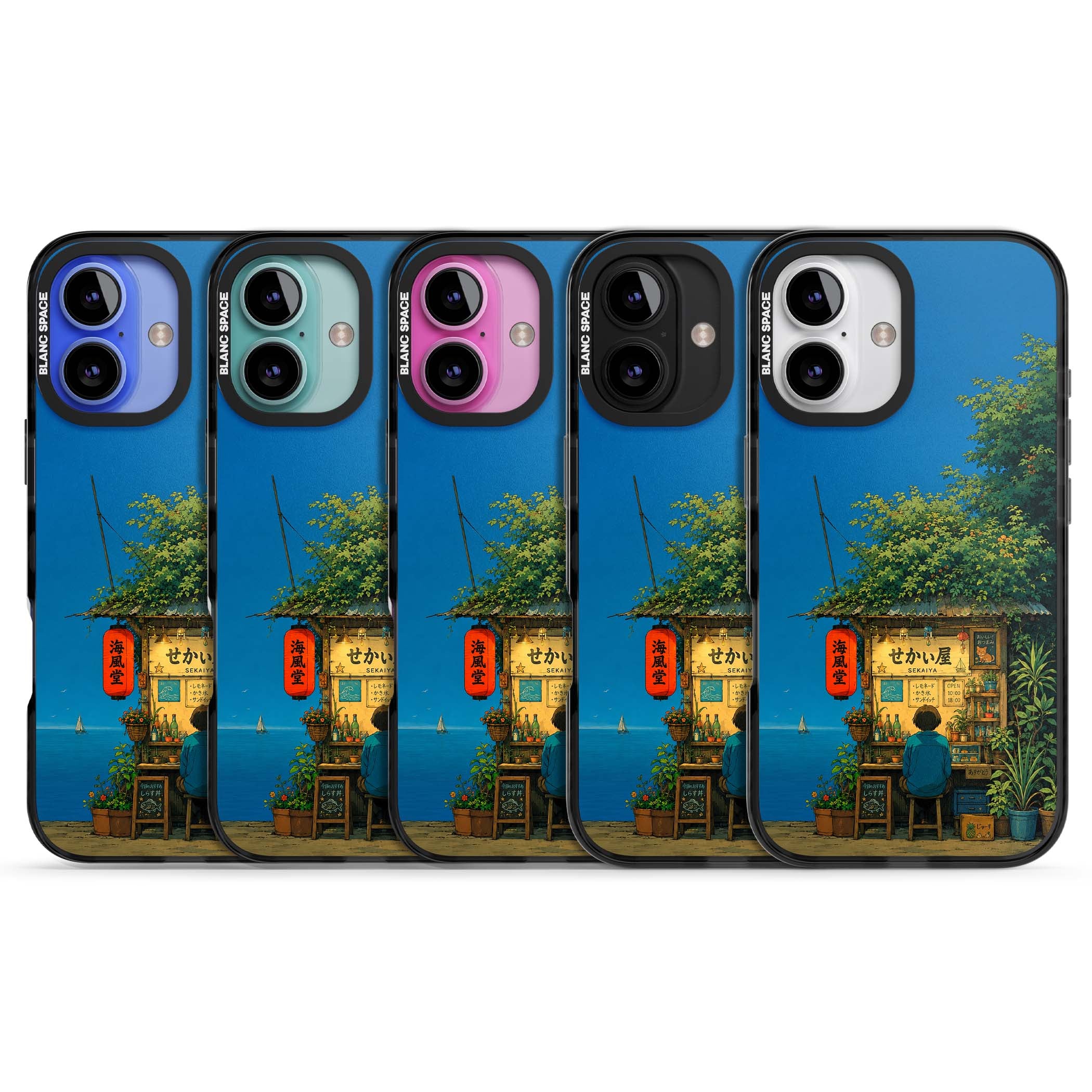 The Shirahama Kiosk anime iPhone case featuring a Japanese seaside shop, red paper lantern and ocean view | Black Impact case for iPhone 16, iPhone 16 Plus