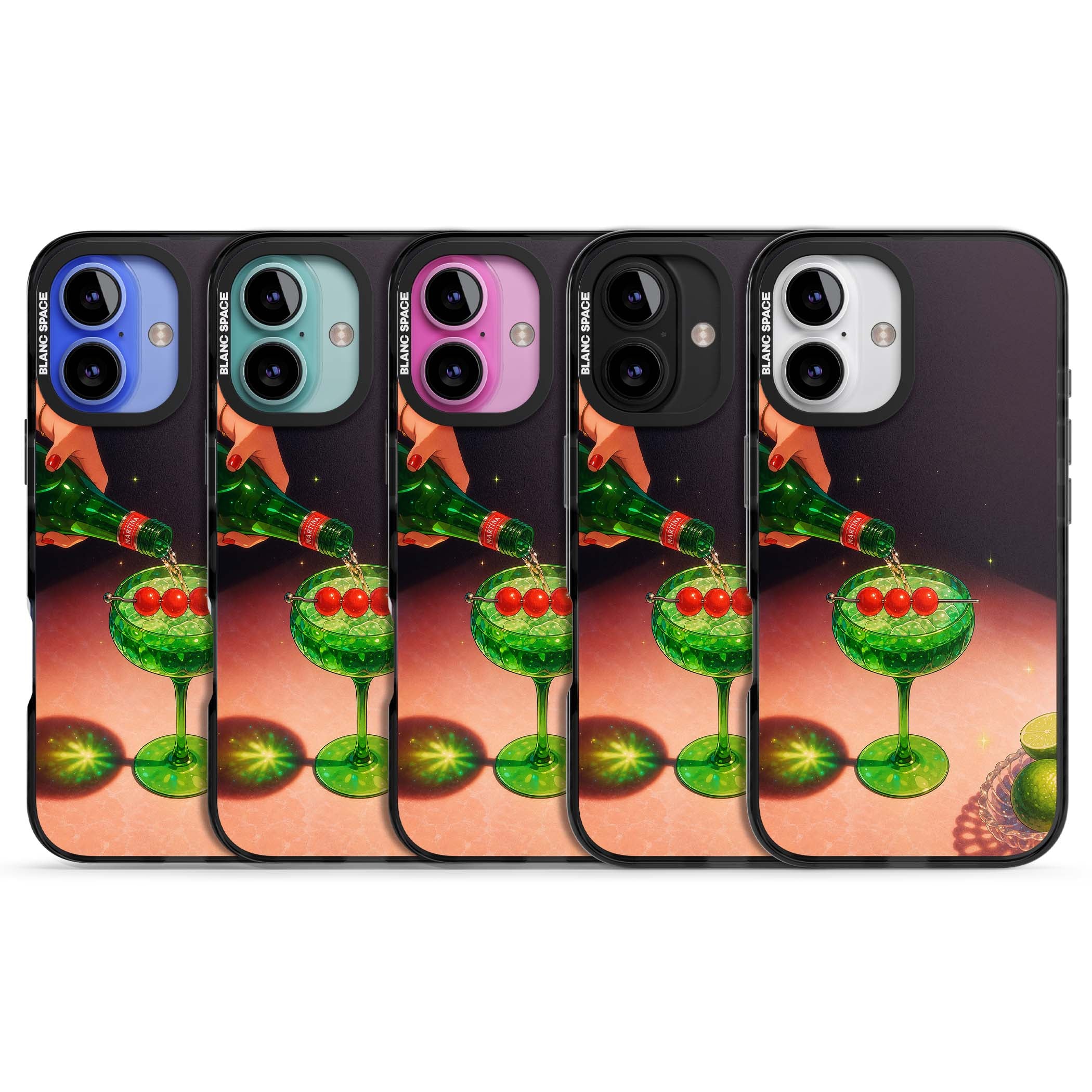 Absinthe Hour cocktail iPhone case featuring a green coupe glass, cherry garnish and vintage bottle pour illustration | Black Impact case for iPhone 16, iPhone 16 Plus