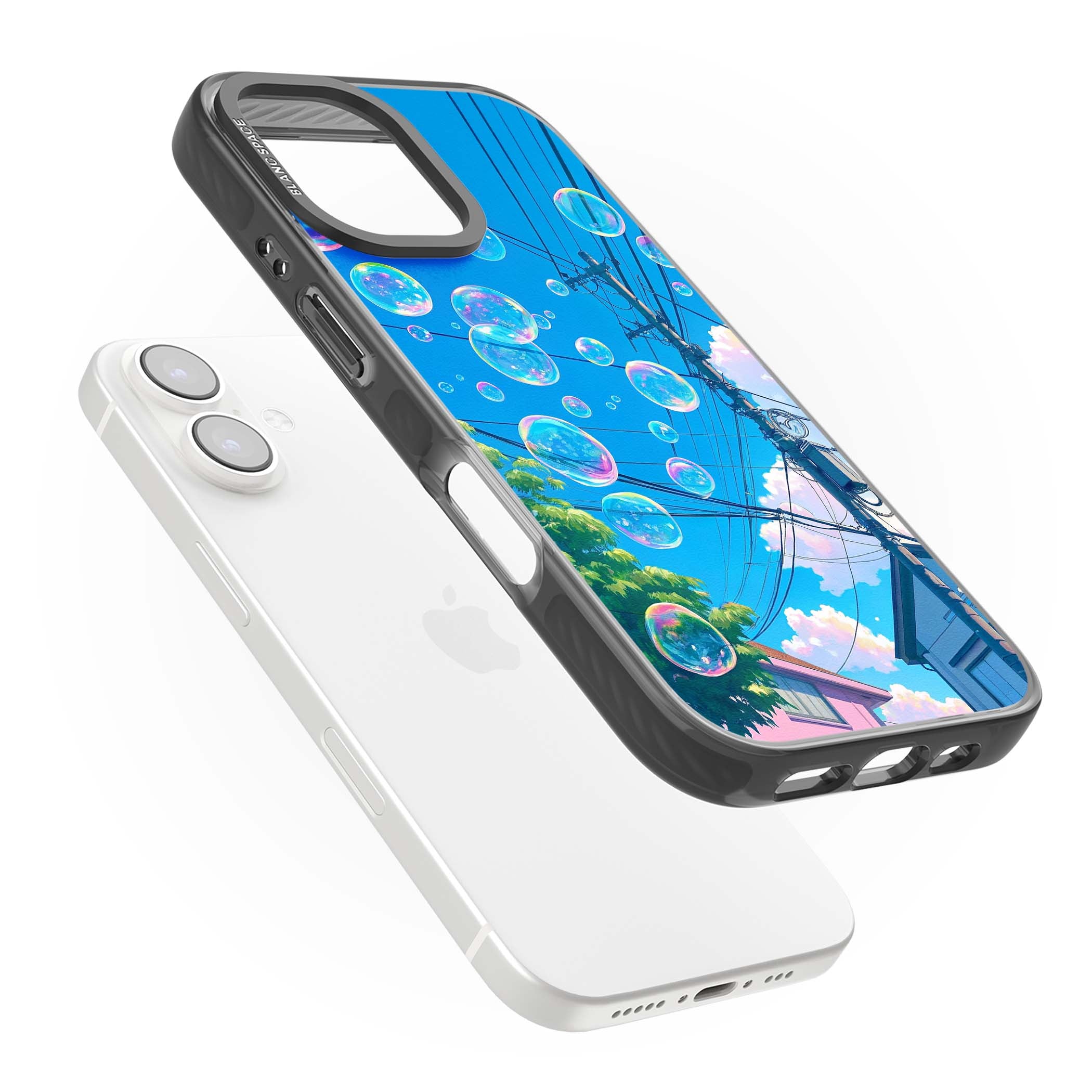 Suburban Bubbles anime iPhone case featuring iridescent soap bubbles, blue sky and Japanese telephone wires | Black Impact case for iPhone 16, iPhone 16 Plus