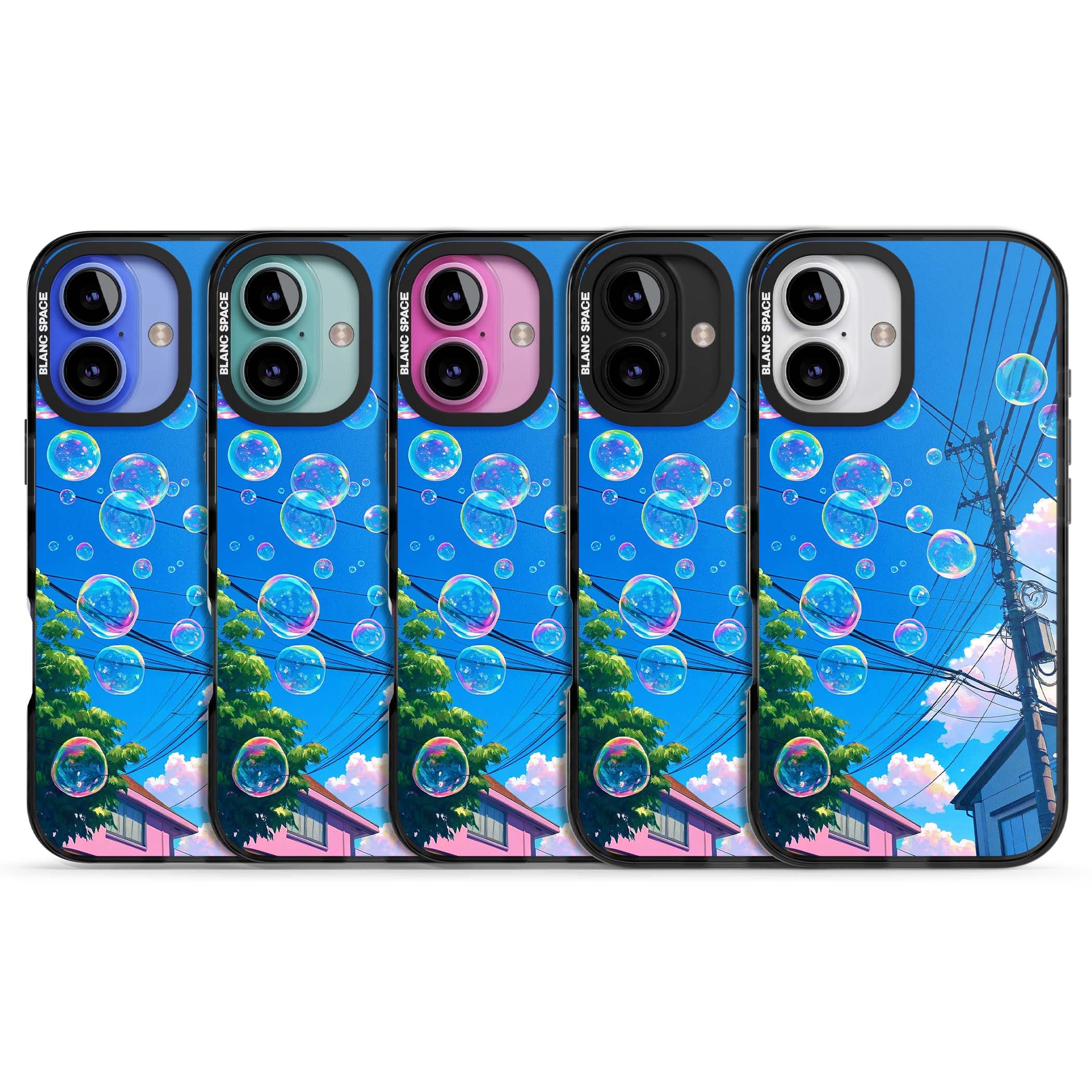 Suburban Bubbles anime iPhone case featuring iridescent soap bubbles, blue sky and Japanese telephone wires | Black Impact case for iPhone 16, iPhone 16 Plus