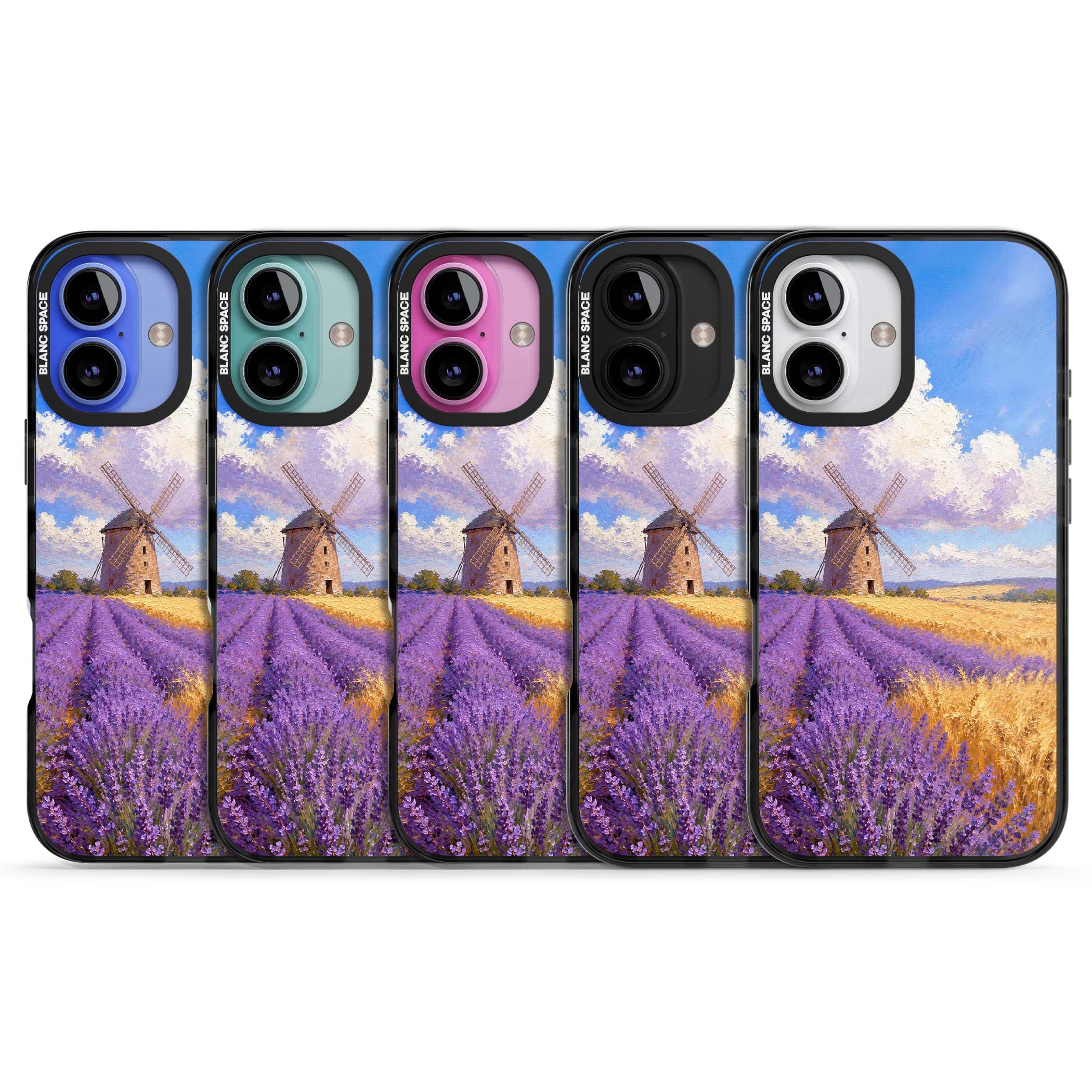 Lavender Mill cottagecore iPhone case featuring a French windmill, lavender field and golden wheat oil painting | Black Impact case for iPhone 16, iPhone 16 Plus