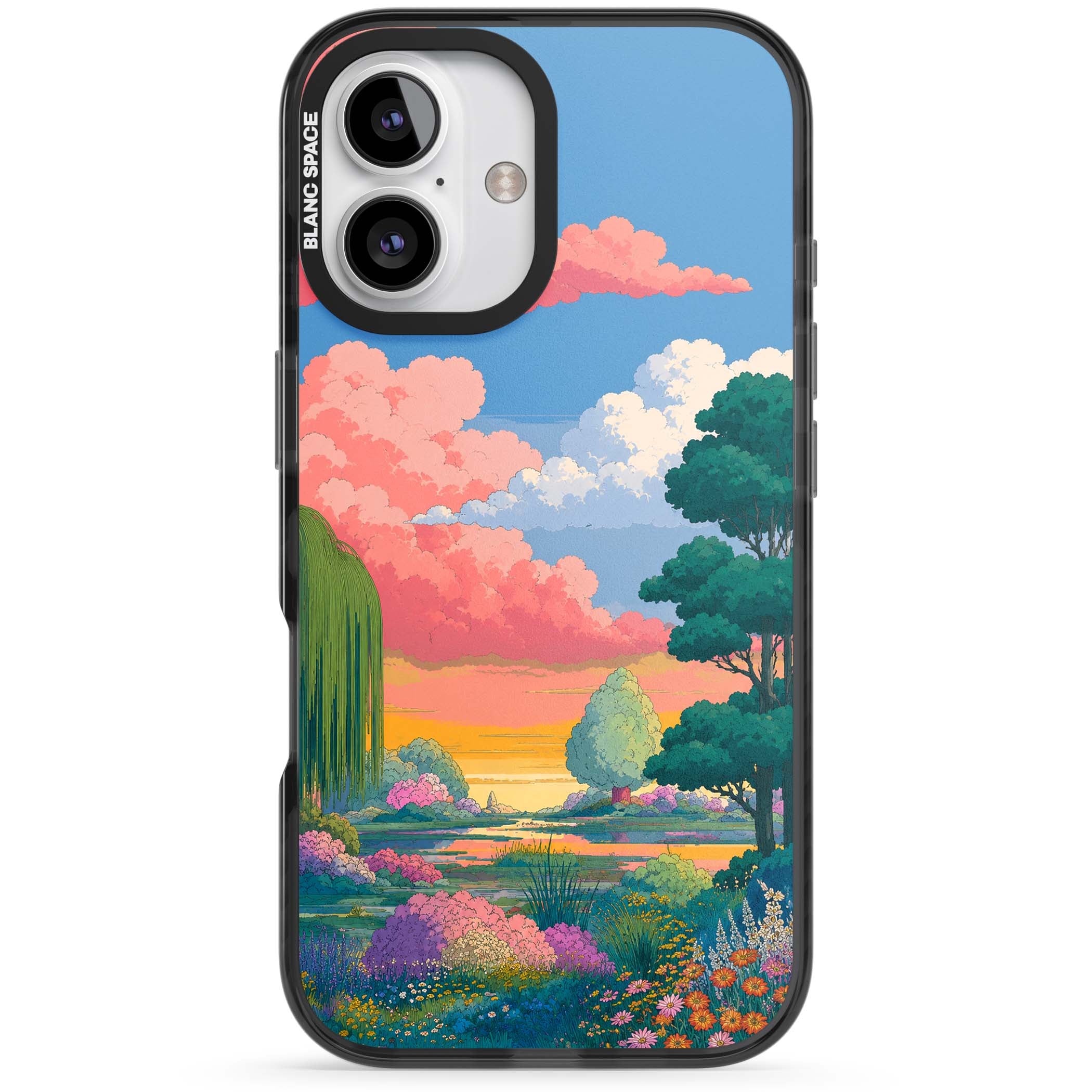 Dream Valley anime landscape iPhone case featuring pink sunset clouds, willow trees and wildflowers | Black Impact case for iPhone 16, iPhone 16 Plus