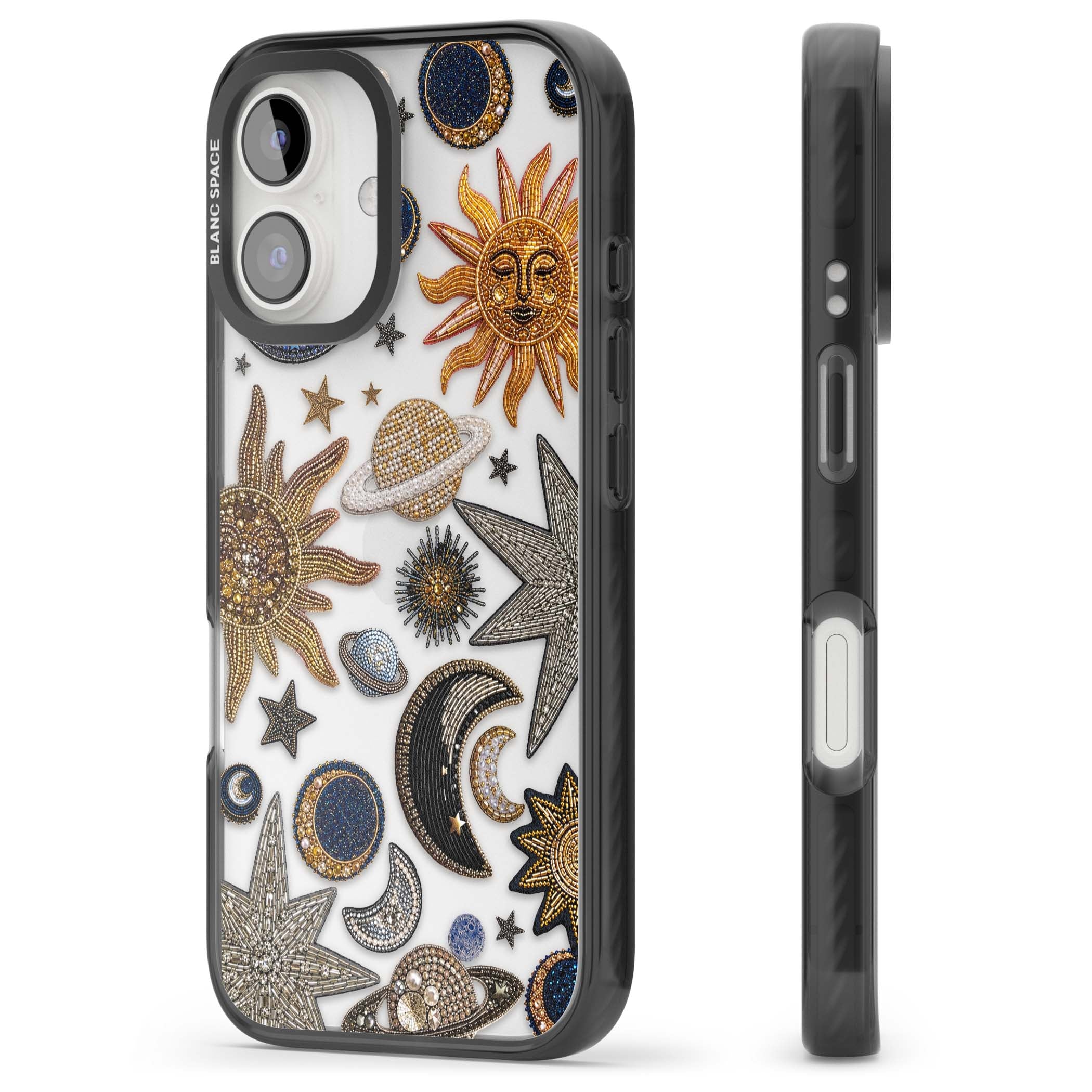 Beaded Cosmos celestial iPhone case featuring embroidered golden suns, beaded planets and silver shooting stars | Black Impact case for iPhone 16, iPhone 16 Plus