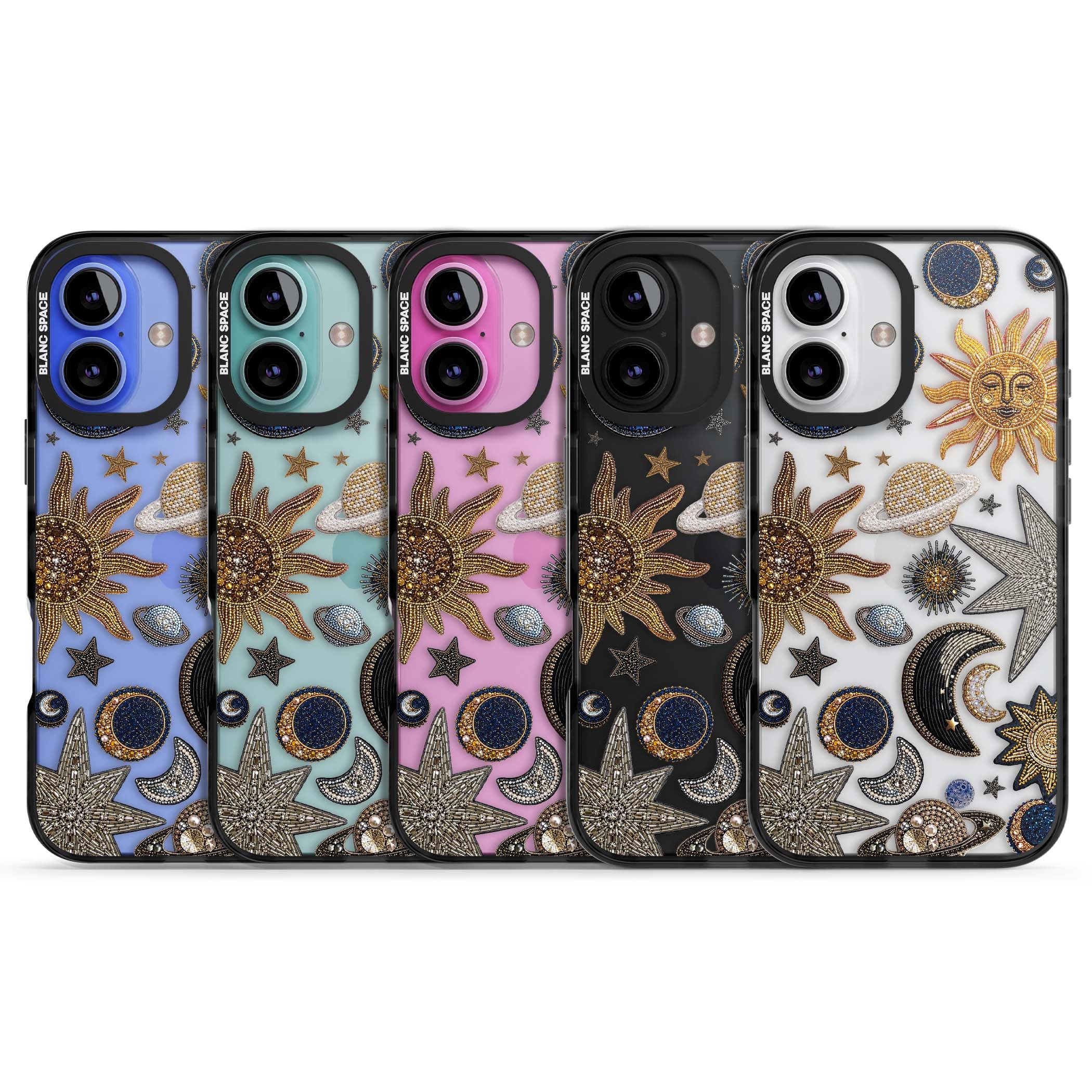 Beaded Cosmos celestial iPhone case featuring embroidered golden suns, beaded planets and silver shooting stars | Black Impact case for iPhone 16, iPhone 16 Plus