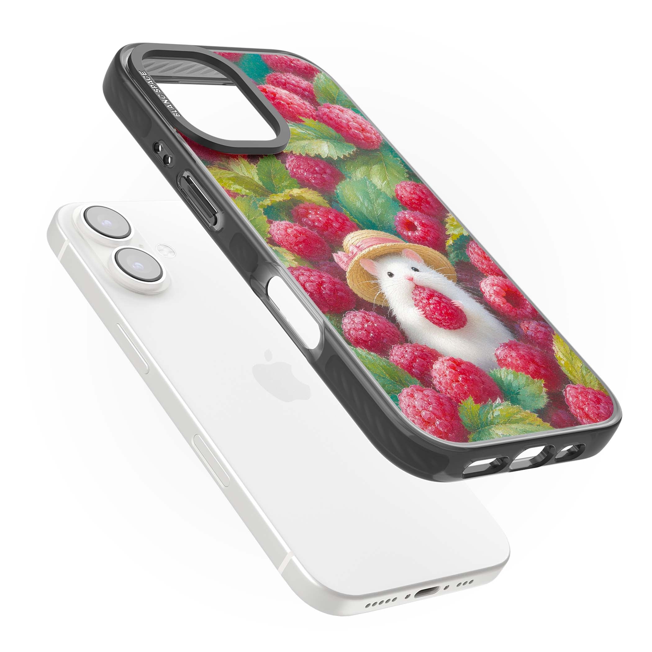 Berry Forager cottagecore iPhone case featuring a white hamster in a straw hat holding a raspberry surrounded by ripe ber | Black Impact case for iPhone 16, iPhone 16 Plus