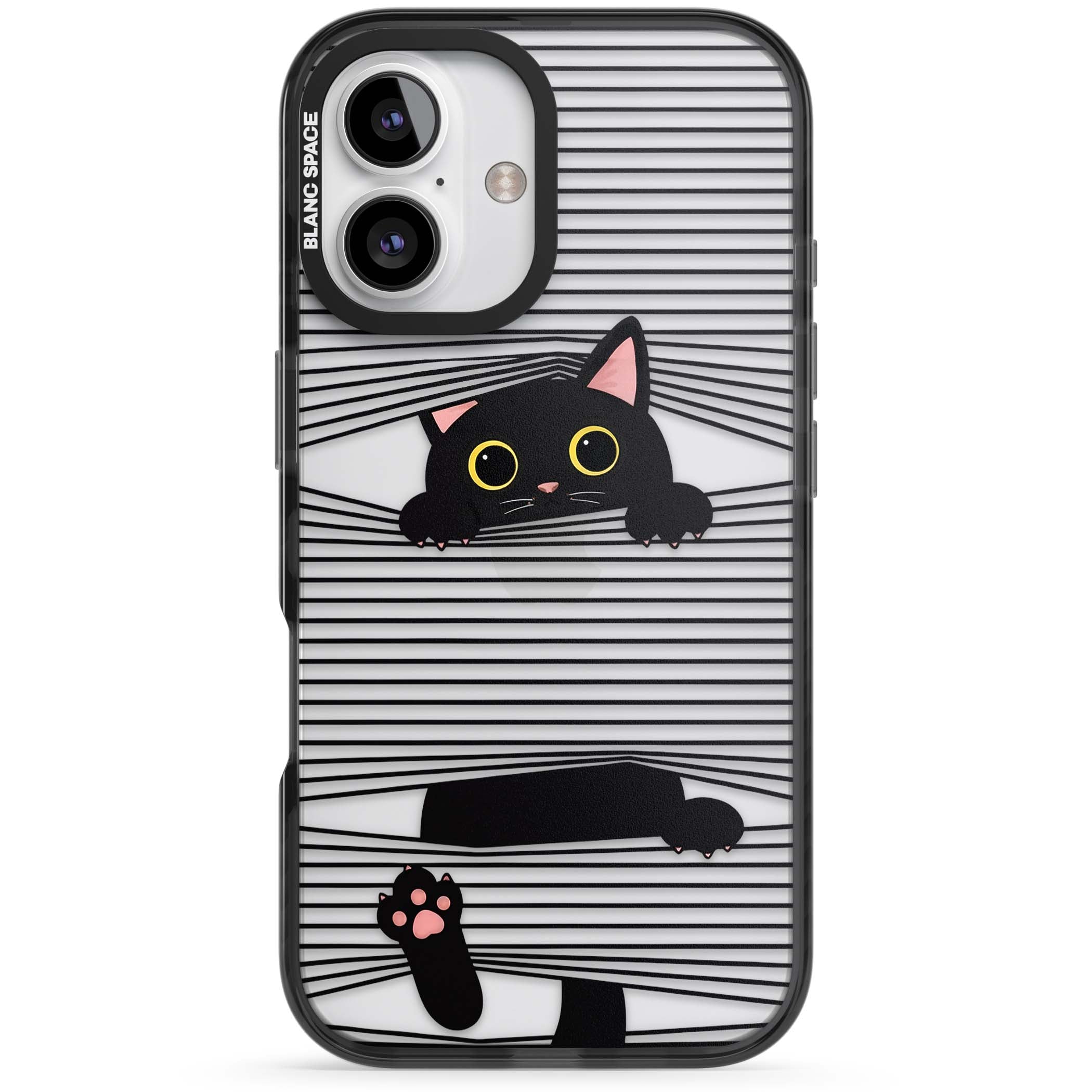 Peek-a-Boo Cat minimal iPhone case featuring black cat peeking through horizontal black and white stripes | Black Impact case for iPhone 16, iPhone 16 Plus