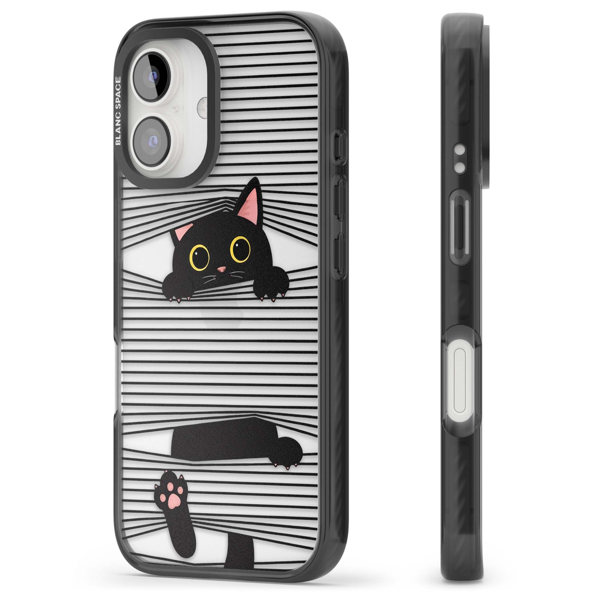 Peek-a-Boo Cat minimal iPhone case featuring black cat peeking through horizontal black and white stripes | Black Impact case for iPhone 16, iPhone 16 Plus