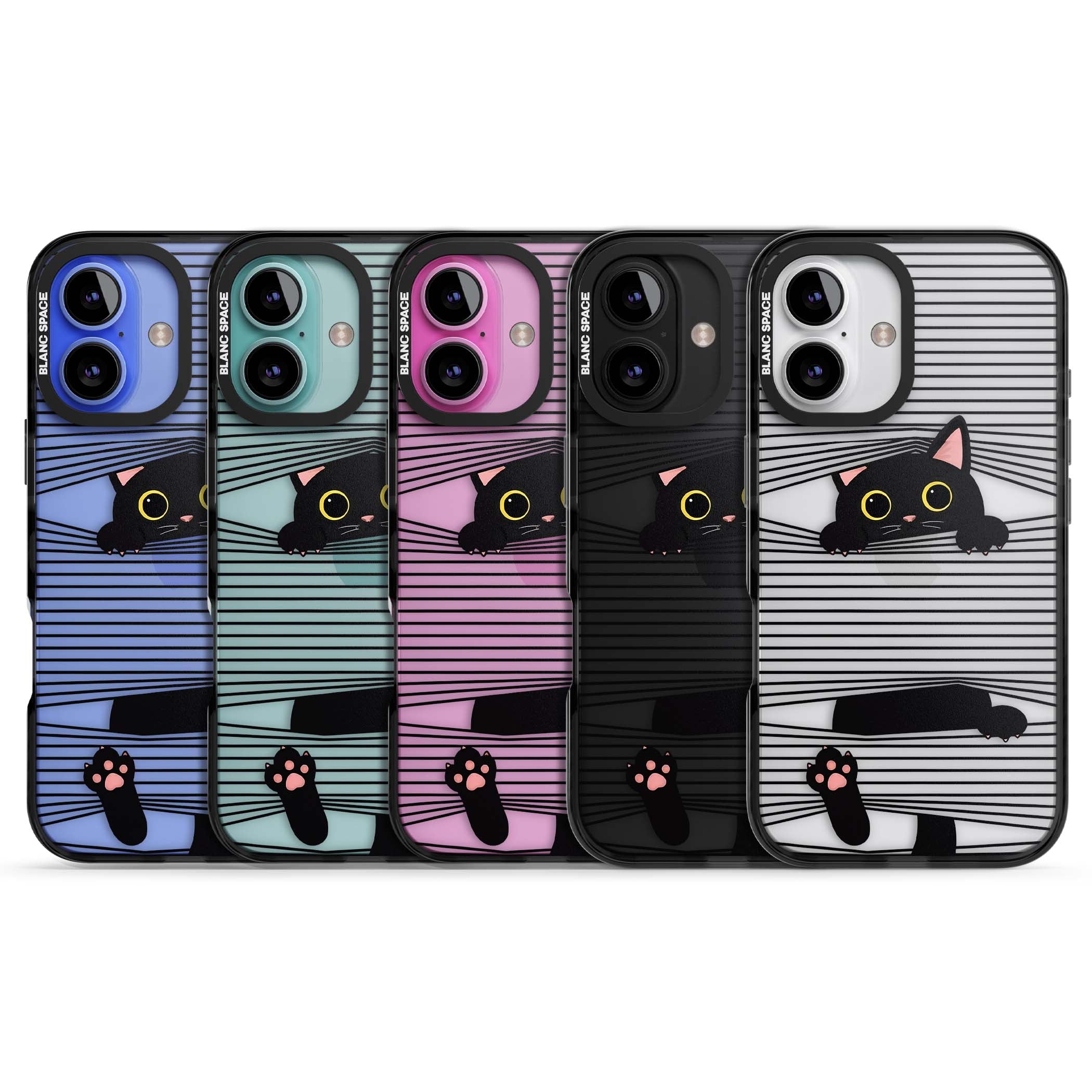 Peek-a-Boo Cat minimal iPhone case featuring black cat peeking through horizontal black and white stripes | Black Impact case for iPhone 16, iPhone 16 Plus