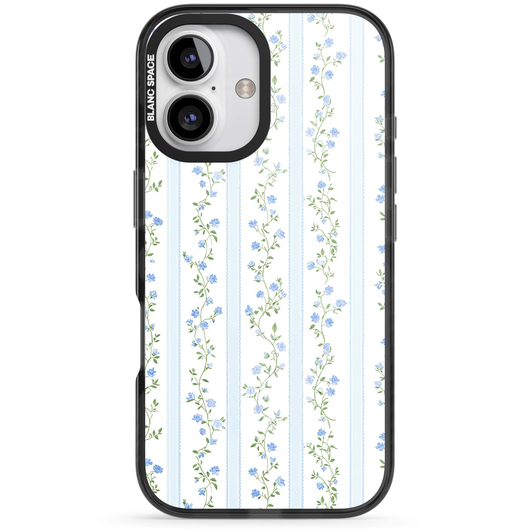 Bluebell Vine cottagecore iPhone case featuring climbing blue roses, trailing green vines, and pale ticking stripes | Black Impact case for iPhone 16, iPhone 16 Plus