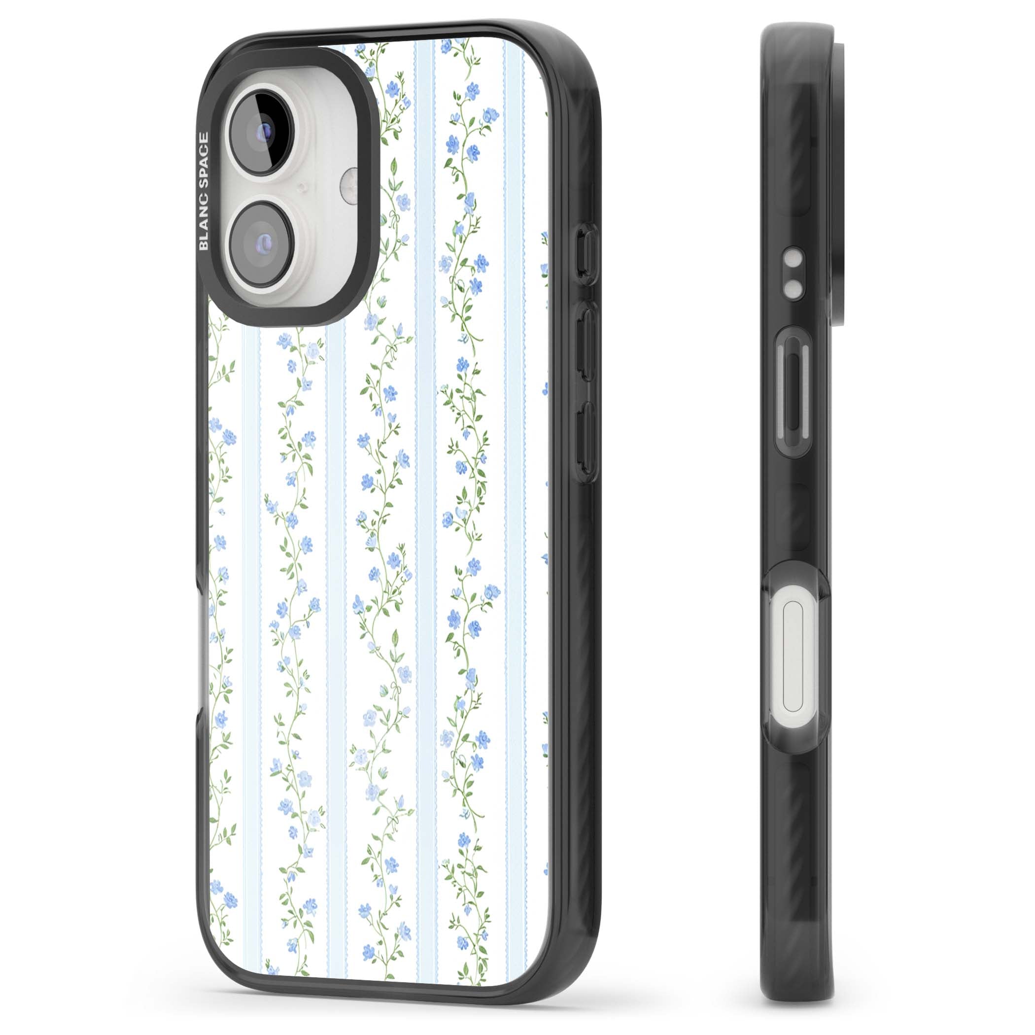 Bluebell Vine cottagecore iPhone case featuring climbing blue roses, trailing green vines, and pale ticking stripes | Black Impact case for iPhone 16, iPhone 16 Plus
