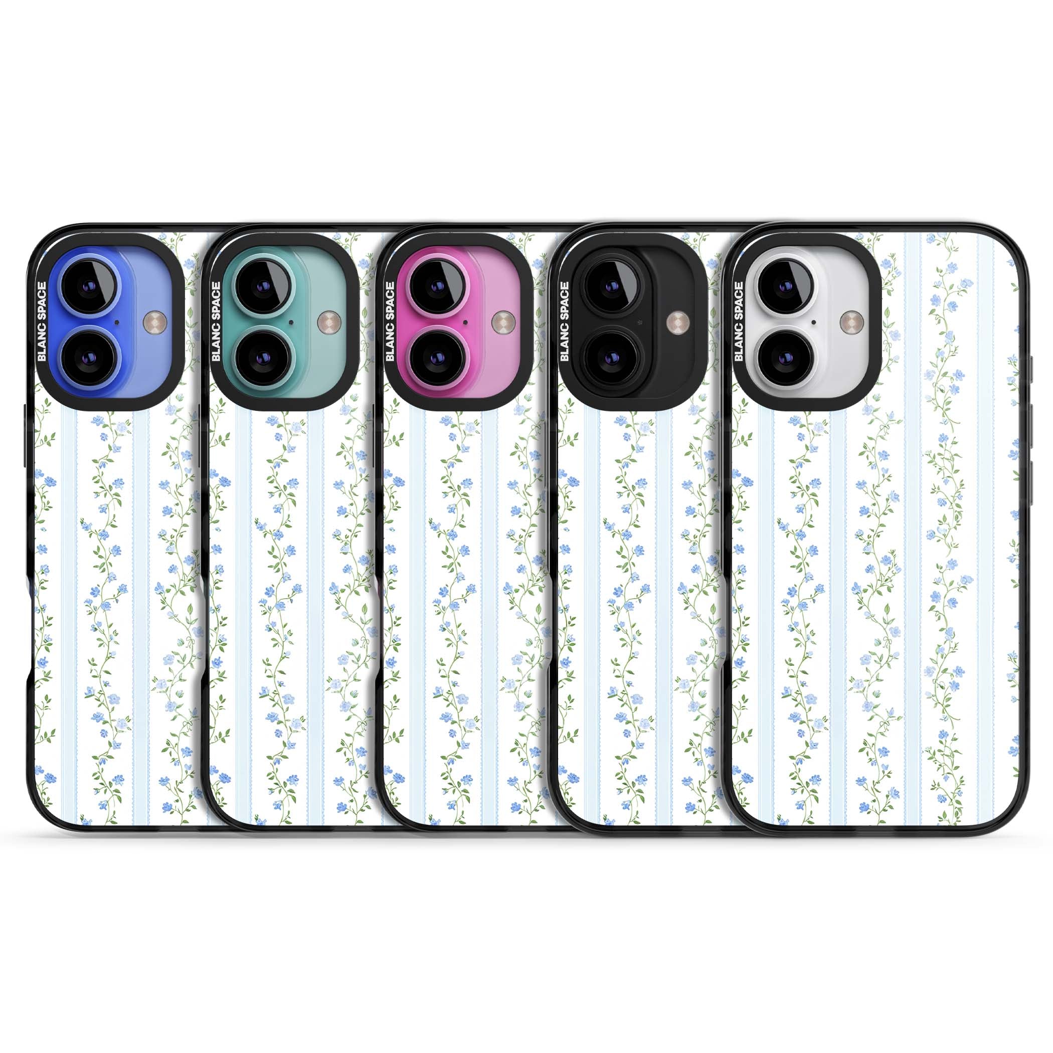 Bluebell Vine cottagecore iPhone case featuring climbing blue roses, trailing green vines, and pale ticking stripes | Black Impact case for iPhone 16, iPhone 16 Plus