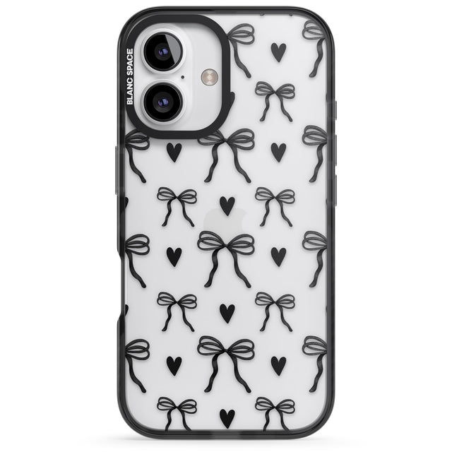 iPhone 16 Black Bows & Hearts Clear Impact Phone Case