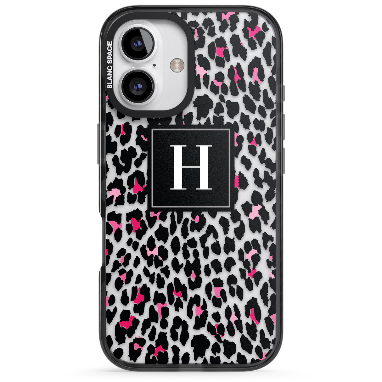 iPhone 16 Pro Max Personalised Pink Monogram Leopard Spots Black Impact Phone Case