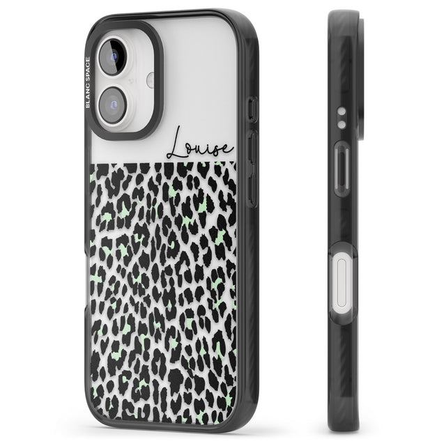 iPhone 16 Pro Max Personalised Seafoam Green & Cursive Leopard Spots Black Impact Phone Case