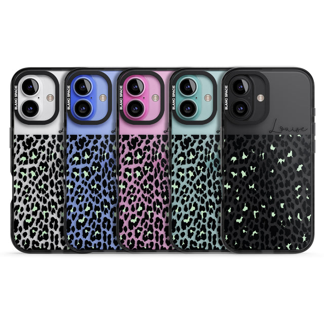 iPhone 16 Pro Max Personalised Seafoam Green & Cursive Leopard Spots Black Impact Phone Case