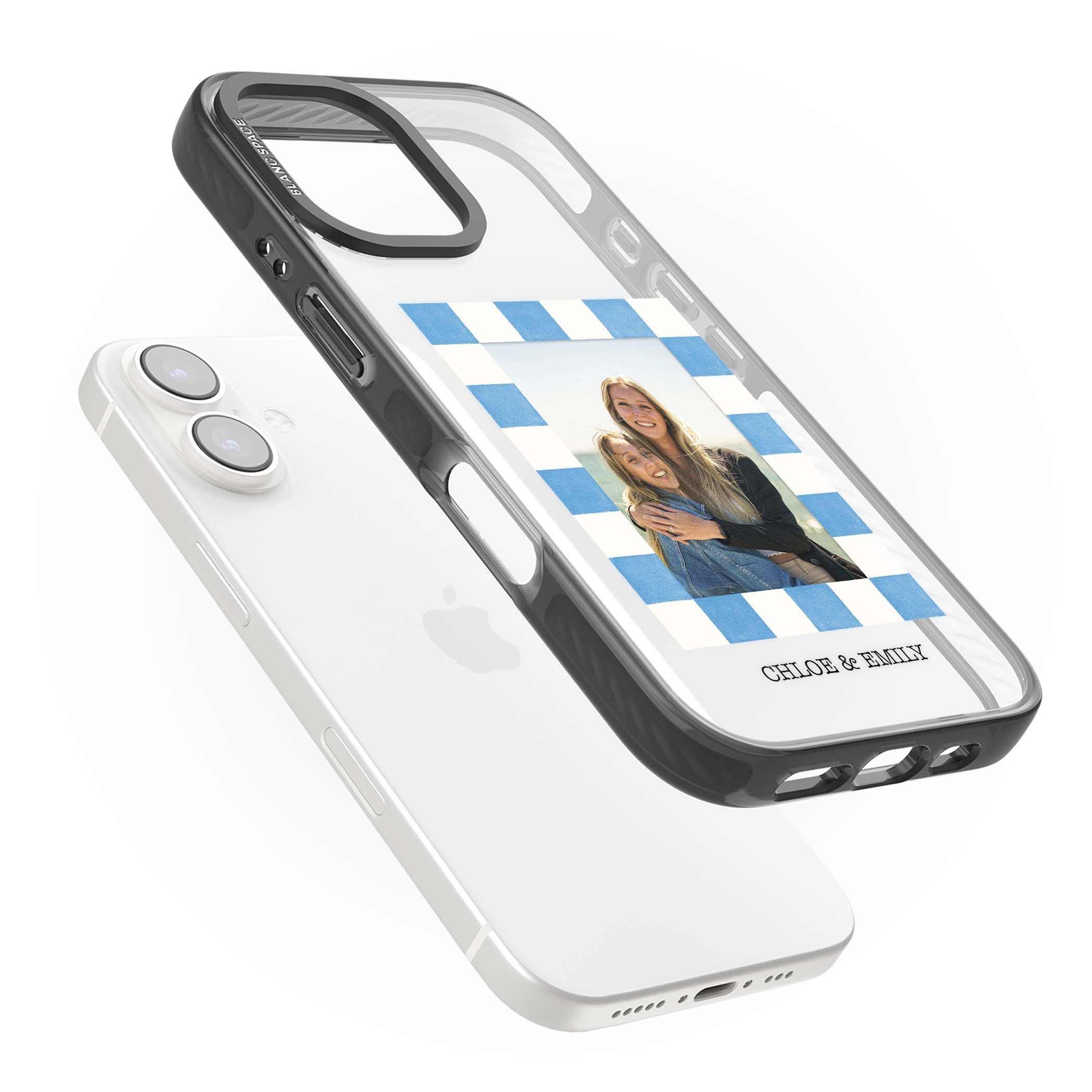 Blue Check Photo personalised photo iPhone case with blue checkered frame and custom couple names | Black Impact case for iPhone 16, iPhone 16 Plus