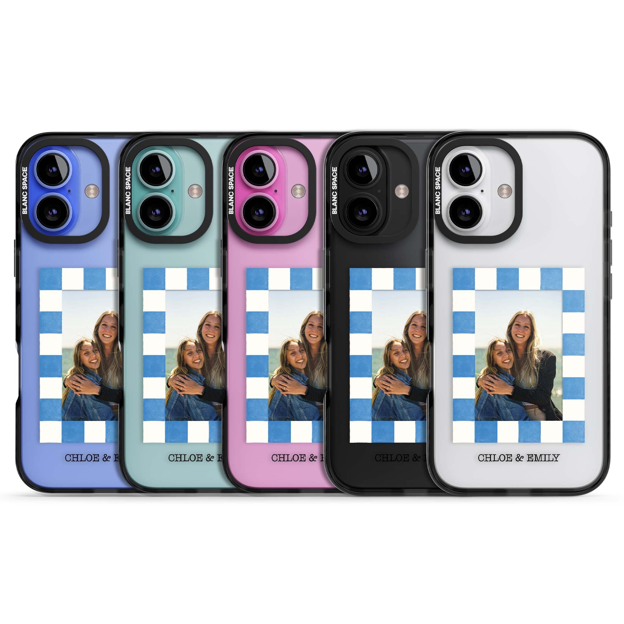 Blue Check Photo personalised photo iPhone case with blue checkered frame and custom couple names | Black Impact case for iPhone 16, iPhone 16 Plus
